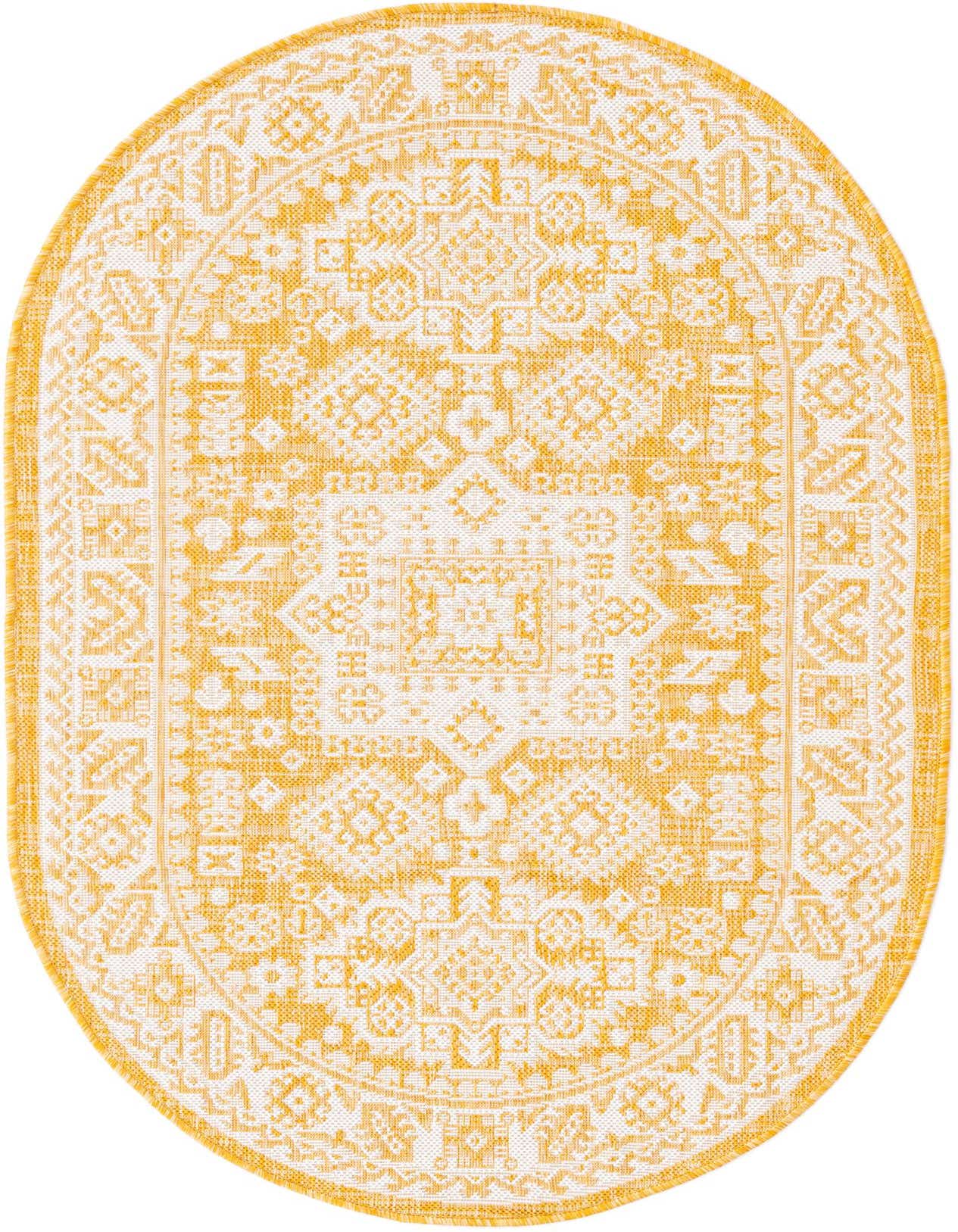 A 3' 0 x 5' 3 oval yellow and white Southwestern flatweave rug with a tribal pattern, suitable for indoor or outdoor use.