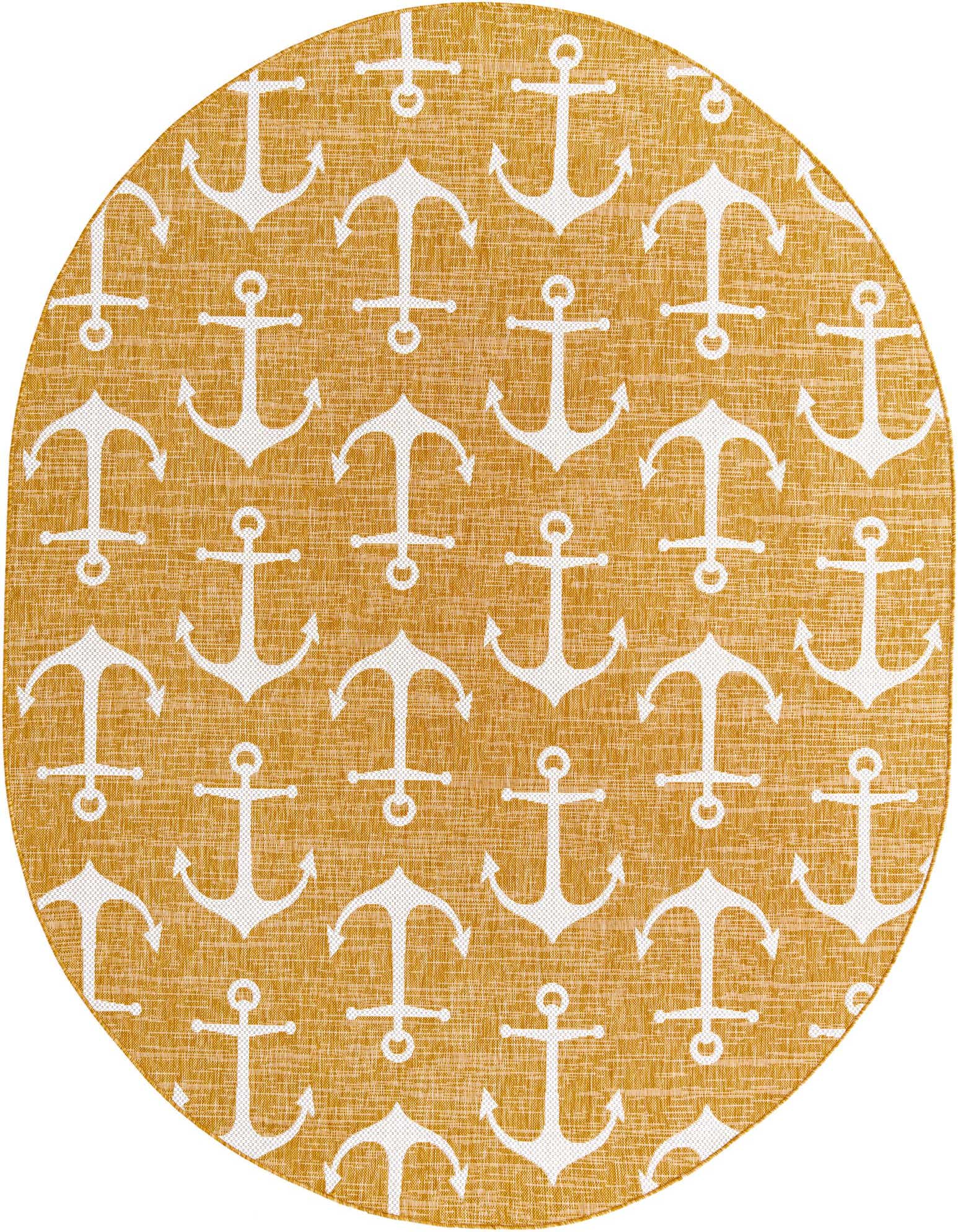 An oval yellow and white rug featuring a repeating pattern of white anchors, ideal for a coastal patio.