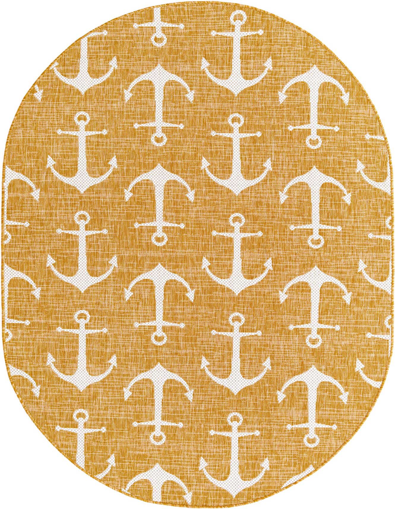 Oval yellow and white indoor/outdoor rug with a repeating nautical anchor pattern, ideal for a patio.