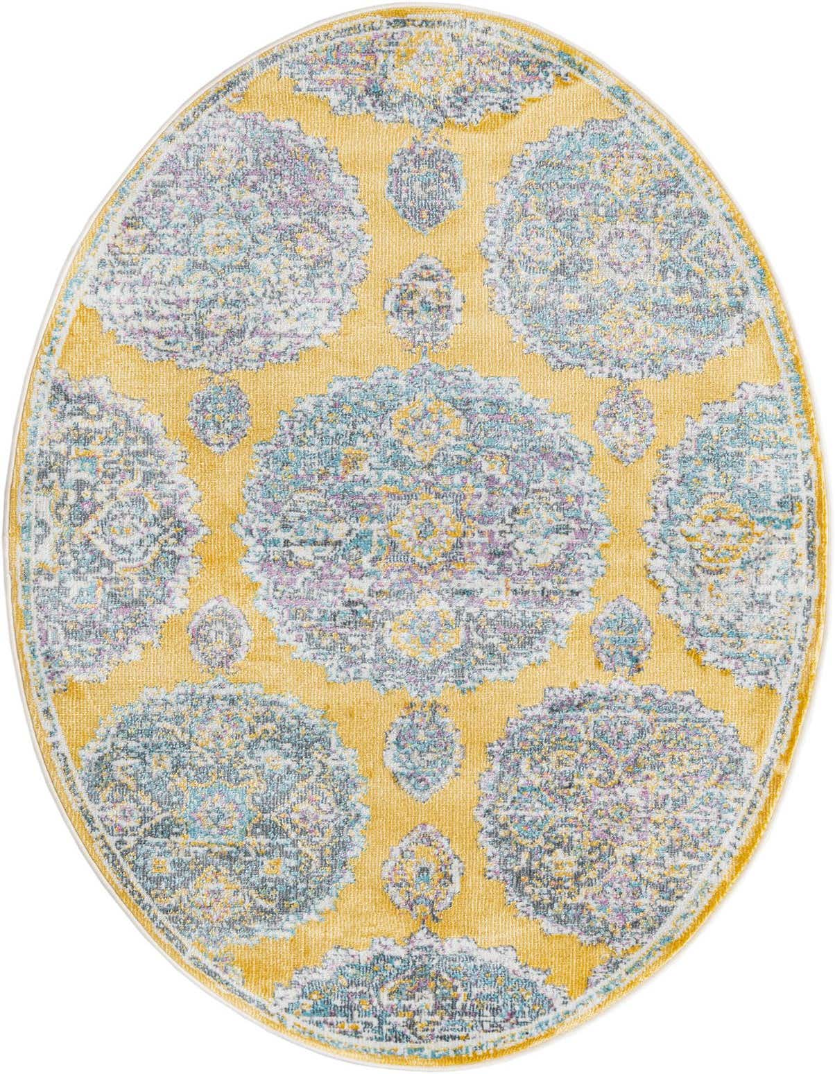 A 3' 3 x 5' 3 oval yellow Bohemian rug with intricate blue, purple, and gold floral patterns.