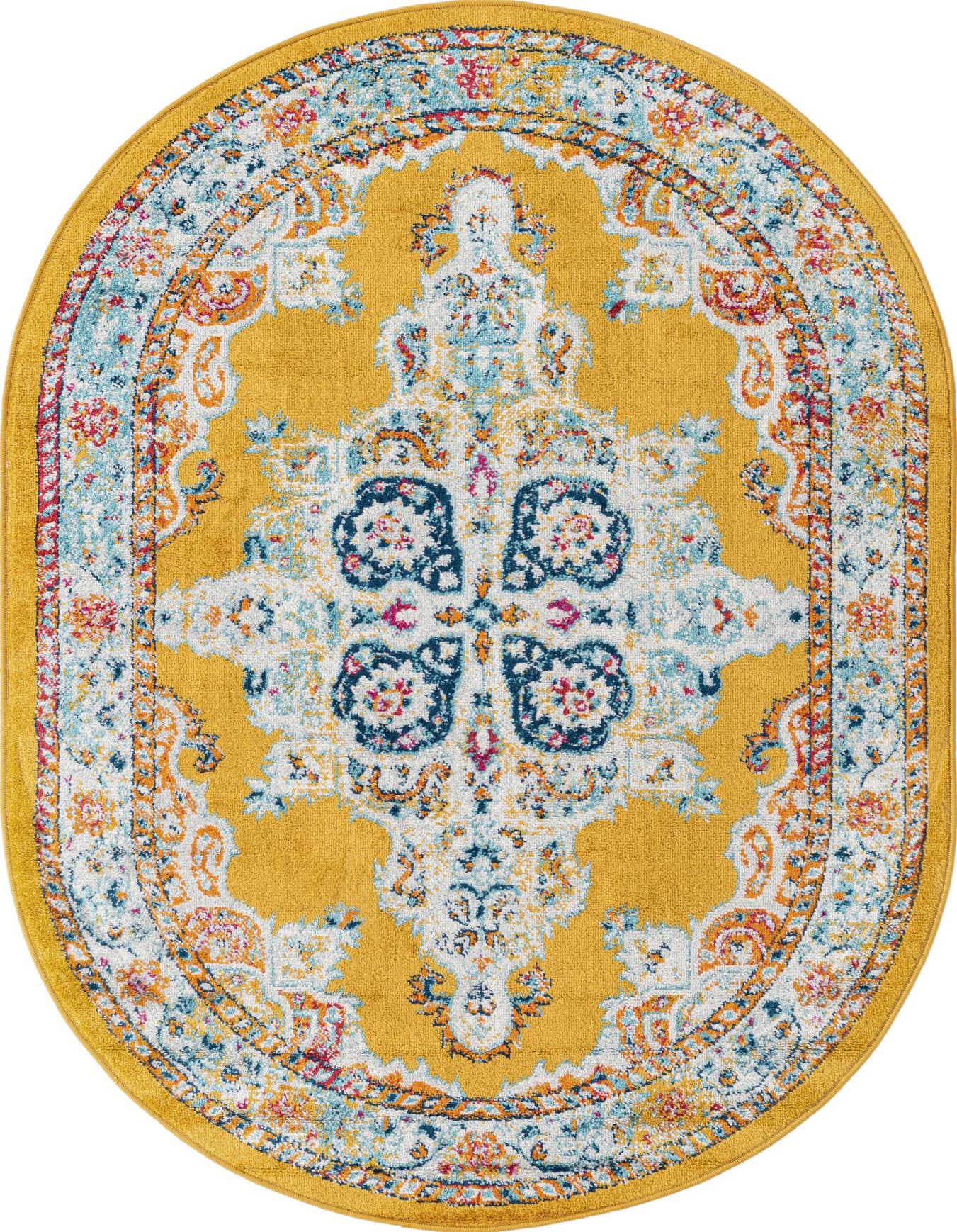 A 4'x6' oval yellow rug with a distressed traditional medallion pattern in blue, white, orange, and pink.