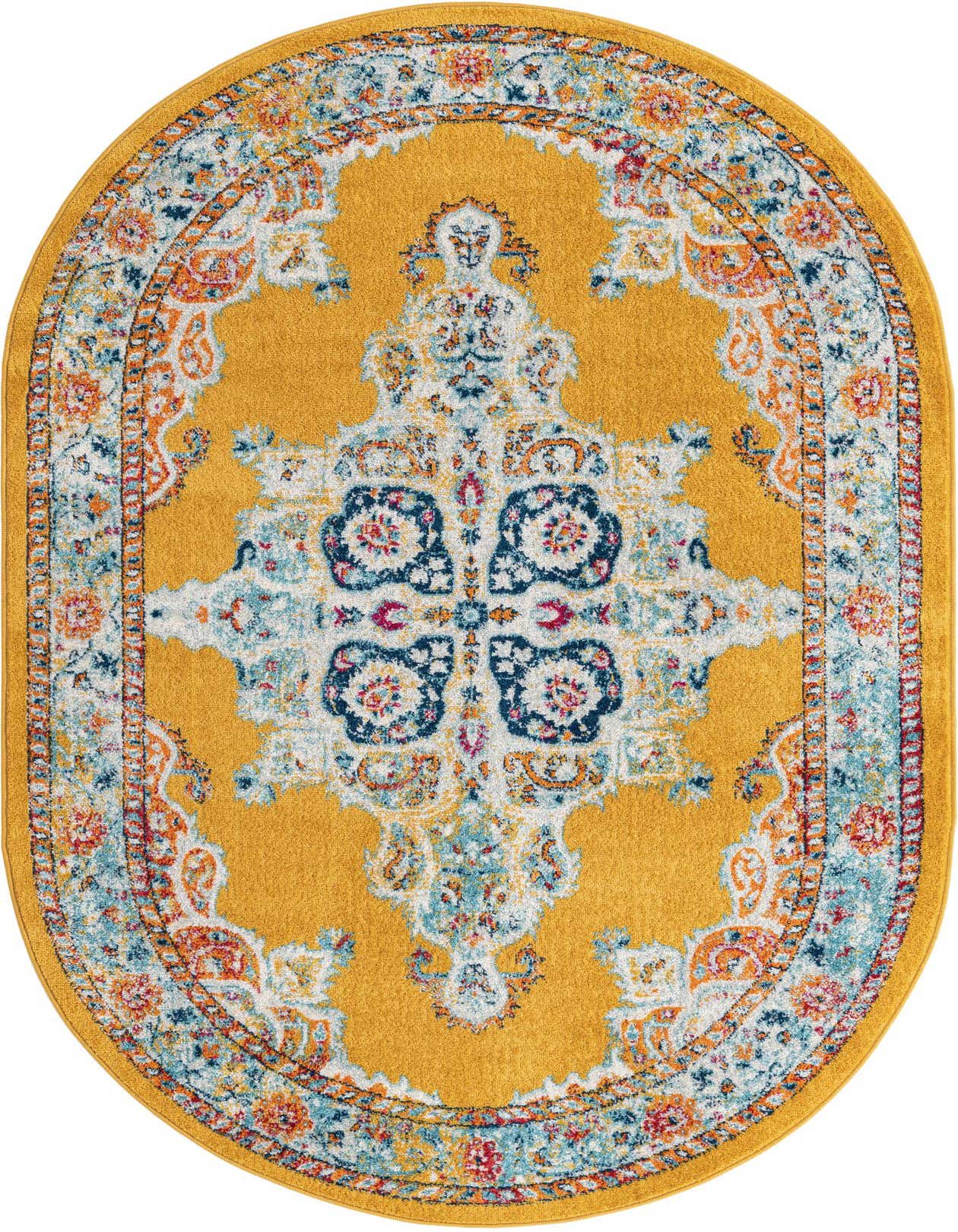 A 5' 0 x 8' 0 oval yellow rug with a distressed traditional medallion pattern in blue, orange, and white.
