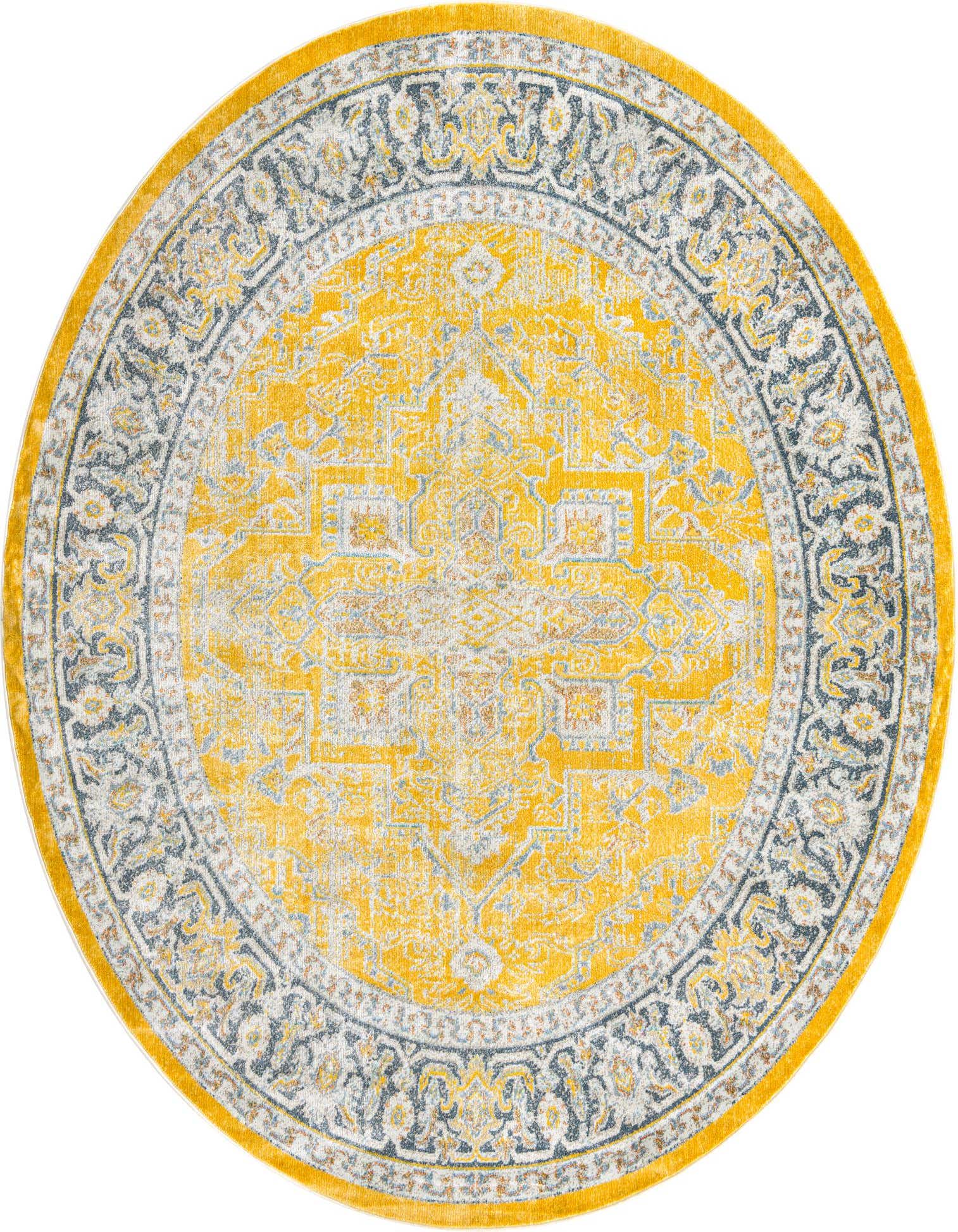 A 7' 10 x 10' 0 oval yellow and gray traditional rug with a distressed medallion pattern and ornate border.