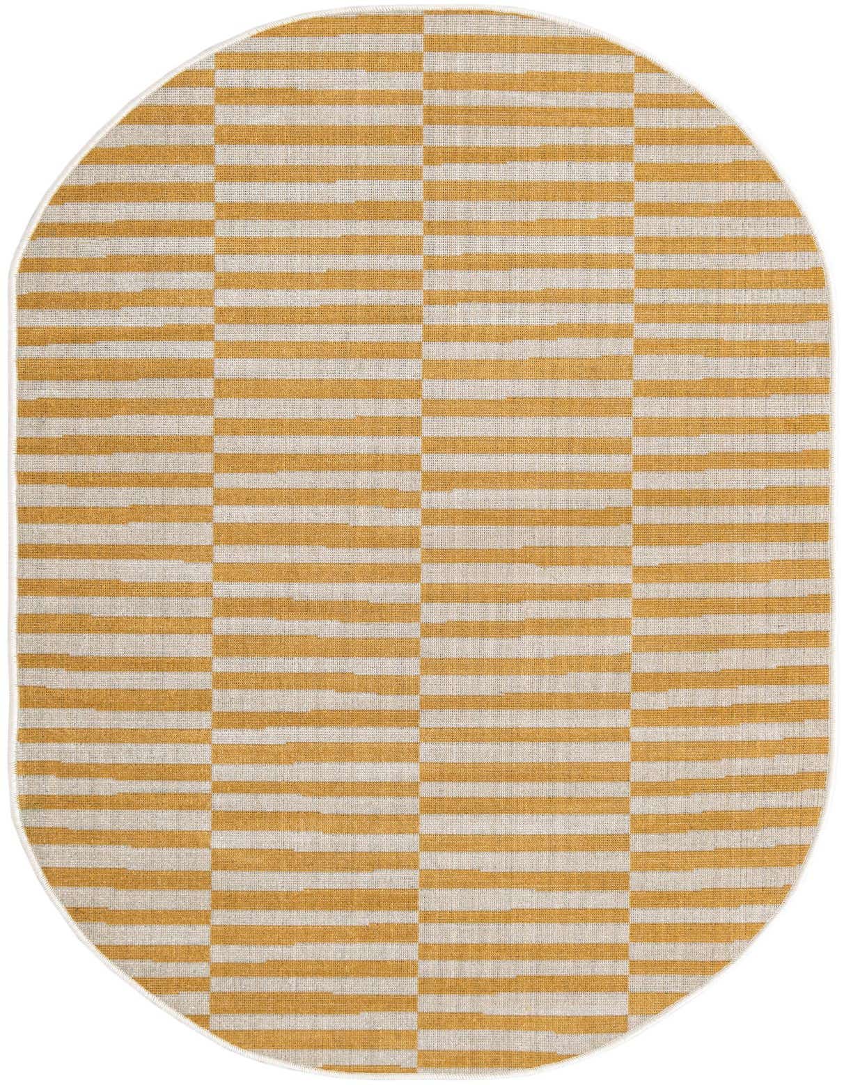 A 3' 0 x 5' 3 oval yellow and off-white flatweave rug with a horizontal striped pattern, suitable for a patio.