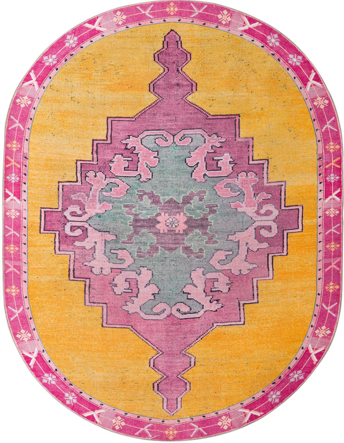A vibrant 7' 6 x 10' 6 oval rug with a yellow field, a pink border, and a central medallion in pink, teal, and purple.
