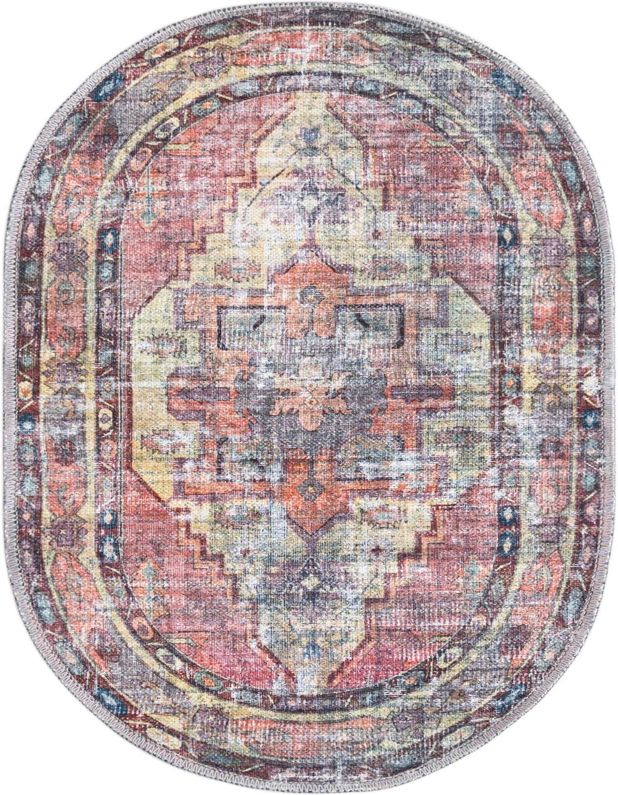 A 2'x3' oval Maahru rug featuring a distressed traditional medallion pattern in yellow, pink, and muted multi-colors.