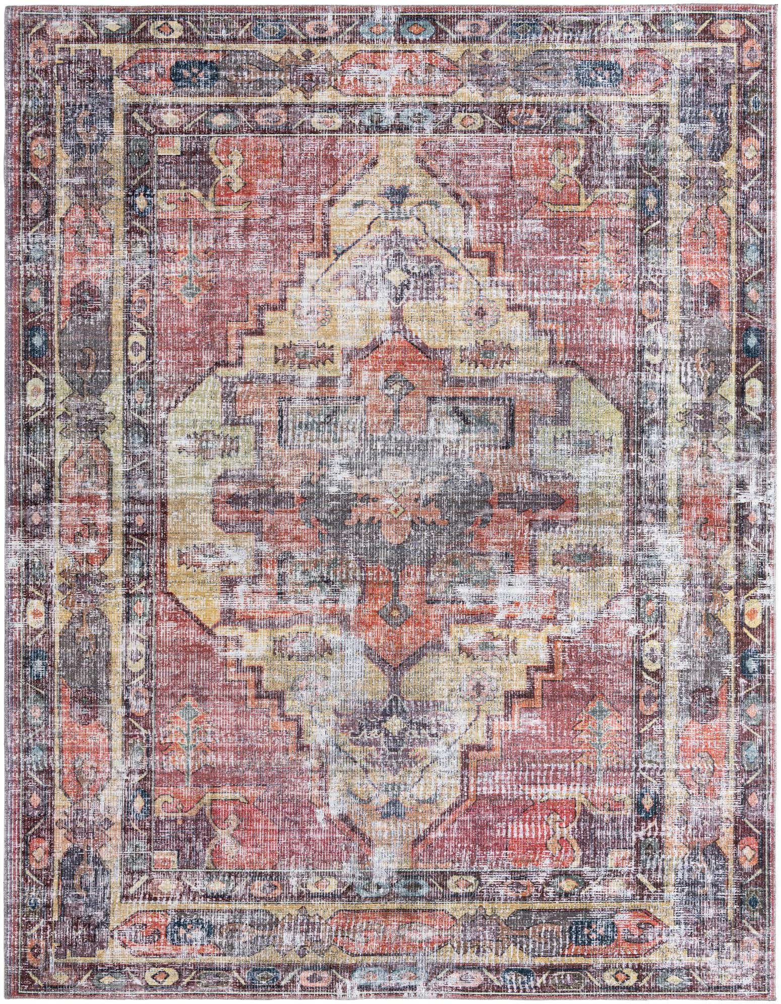 A 10x13 rectangular Maahru rug featuring a distressed traditional medallion pattern in yellow, pink, and red tones.