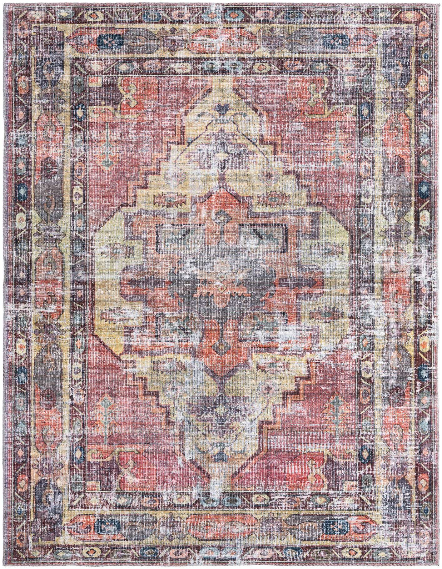 A 7x10 rectangular Maahru rug featuring a distressed yellow and pink traditional medallion pattern with a vintage look.