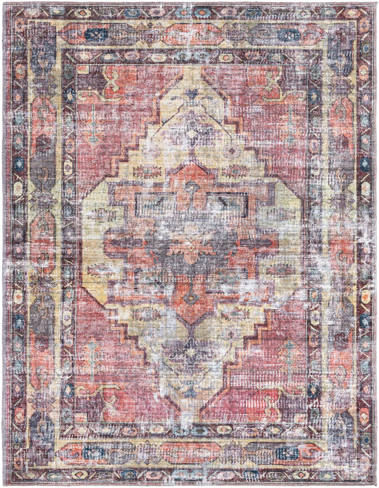 A 5x8 rectangular Maahru rug featuring a distressed traditional medallion pattern in shades of yellow, pink, and muted blues.