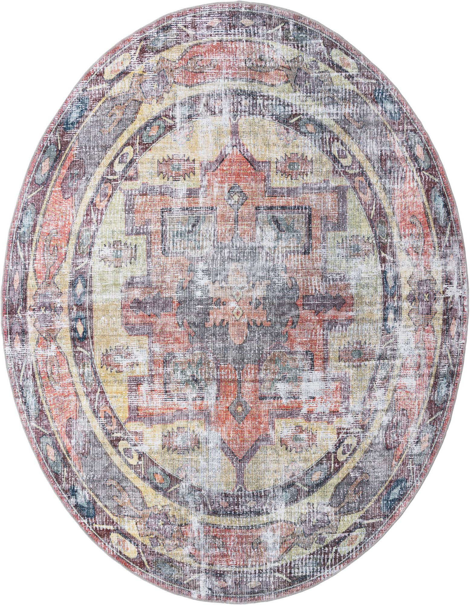 A 10' 6 x 10' 6 round Maahru rug featuring a distressed yellow and pink traditional medallion pattern.