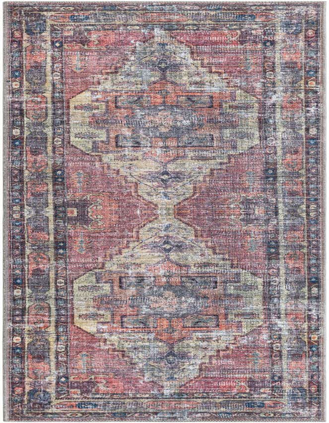 A 6 ft runner rug with a distressed traditional medallion pattern in shades of yellow, pink, blue, and gray.