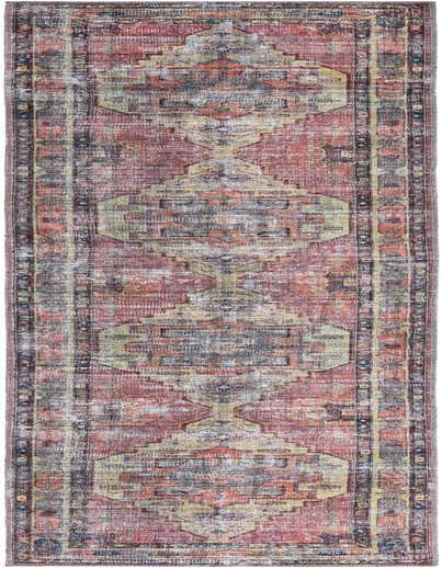 A long 13 ft runner rug with a distressed traditional medallion pattern in shades of yellow, pink, and gray.