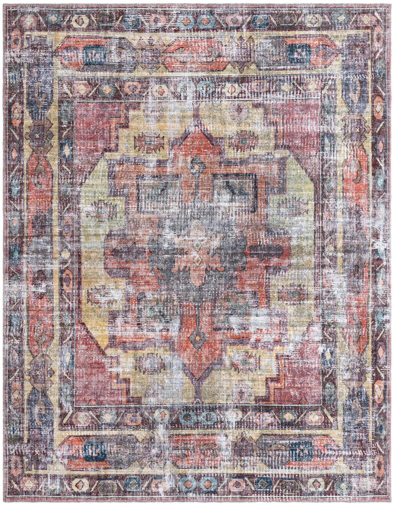 A 7' 3 x 7' 3 square Maahru rug featuring a distressed traditional medallion pattern in yellow and pink tones.