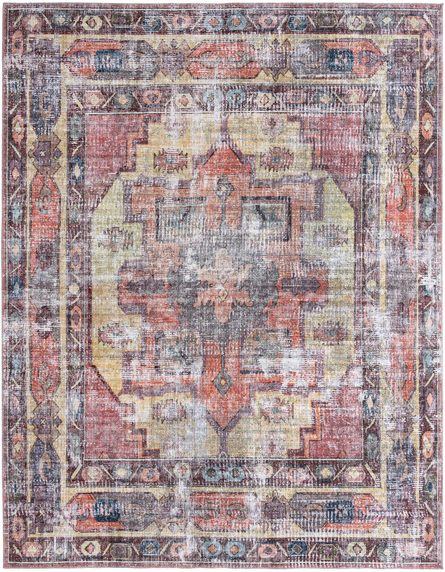 A 10' 6" square Maahru rug featuring a distressed traditional medallion pattern in yellow, pink, and multi-colors.