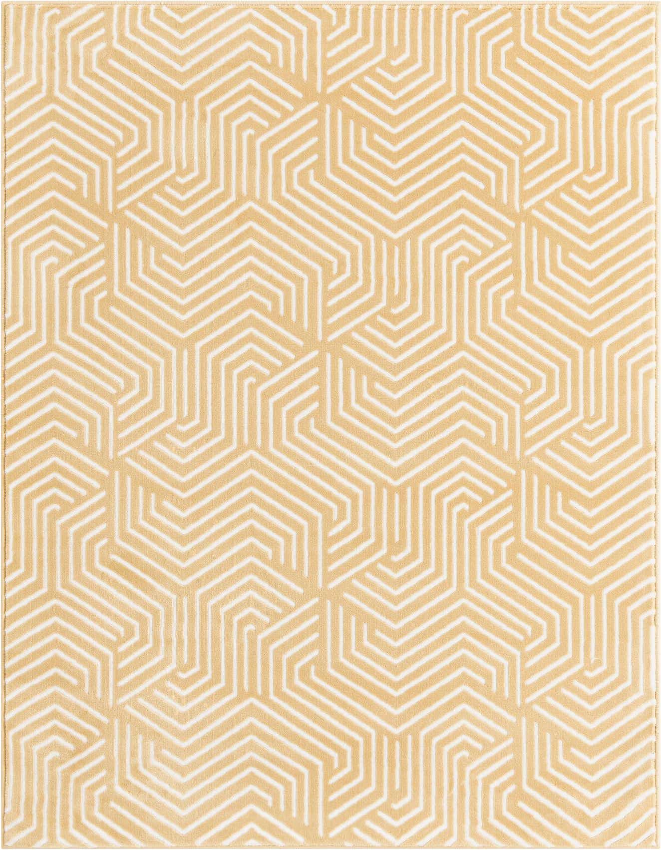 A 4x6 rectangular yellow area rug with a repeating geometric pattern of white interlocking lines, suitable for a modern living room.