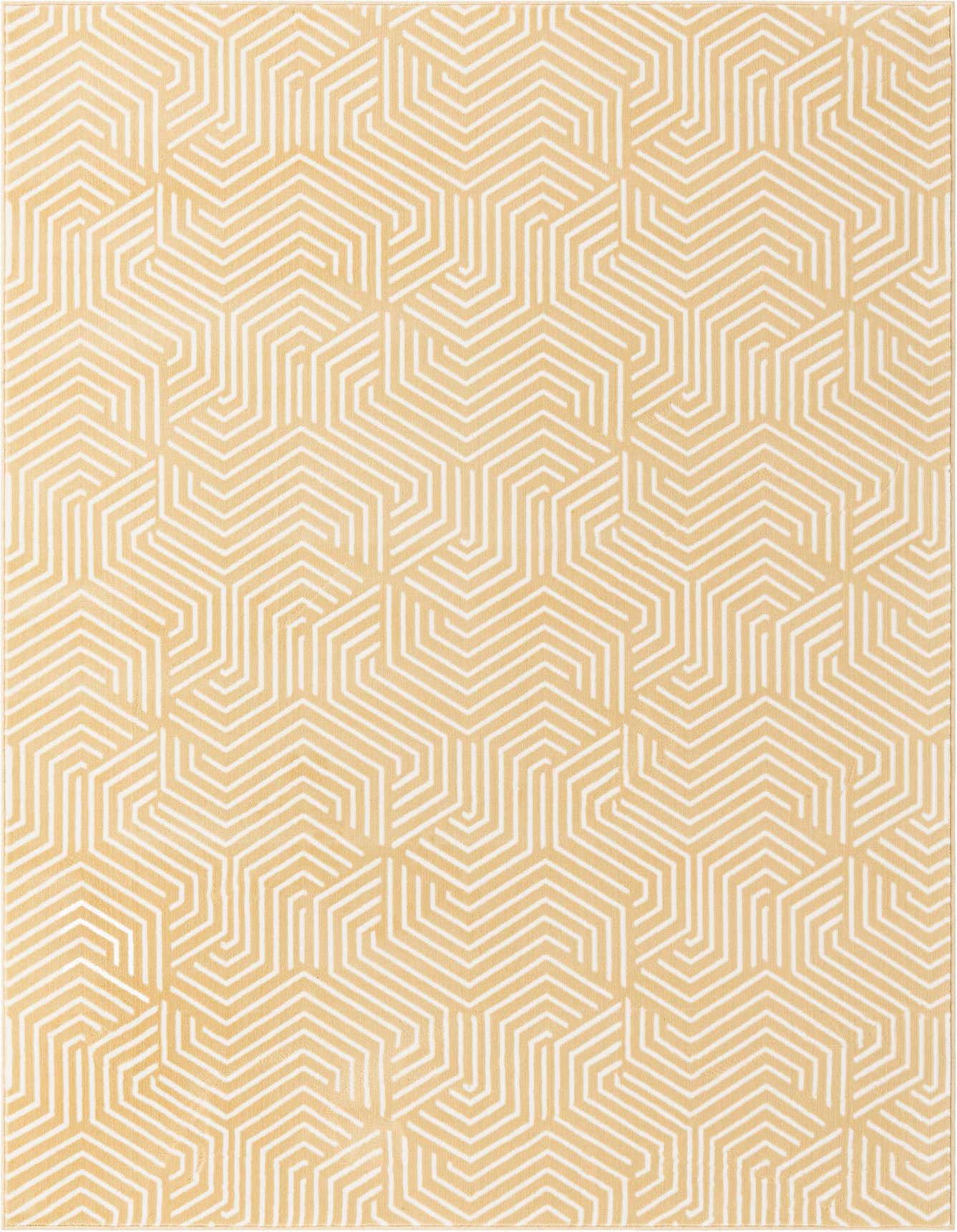 A 5x8 rectangular yellow and white area rug with a modern geometric pattern of interlocking hexagons.