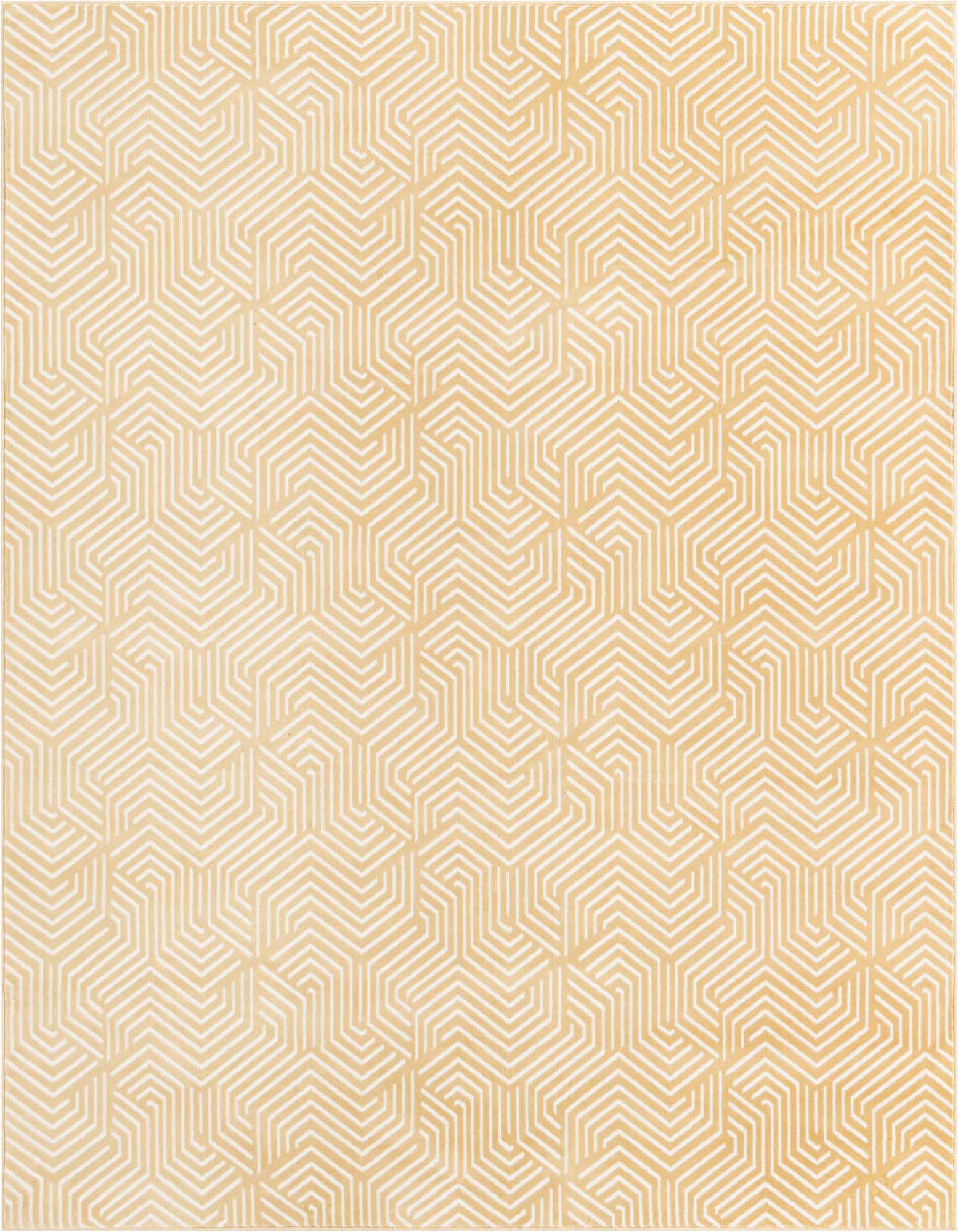 Aakaar 8x10 rectangular rug in yellows and golds, featuring a textured geometric pattern of interlocking hexagons.