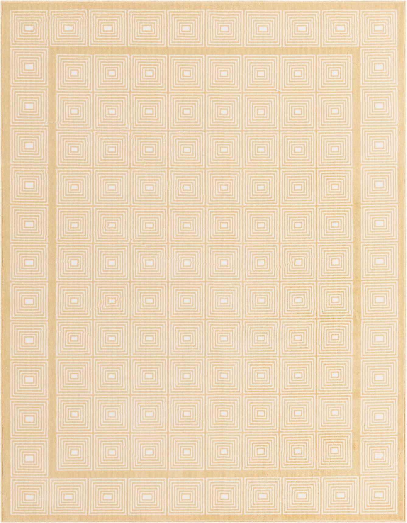 A 5x8 rectangular yellow and white rug with a repeating geometric square pattern and a border.