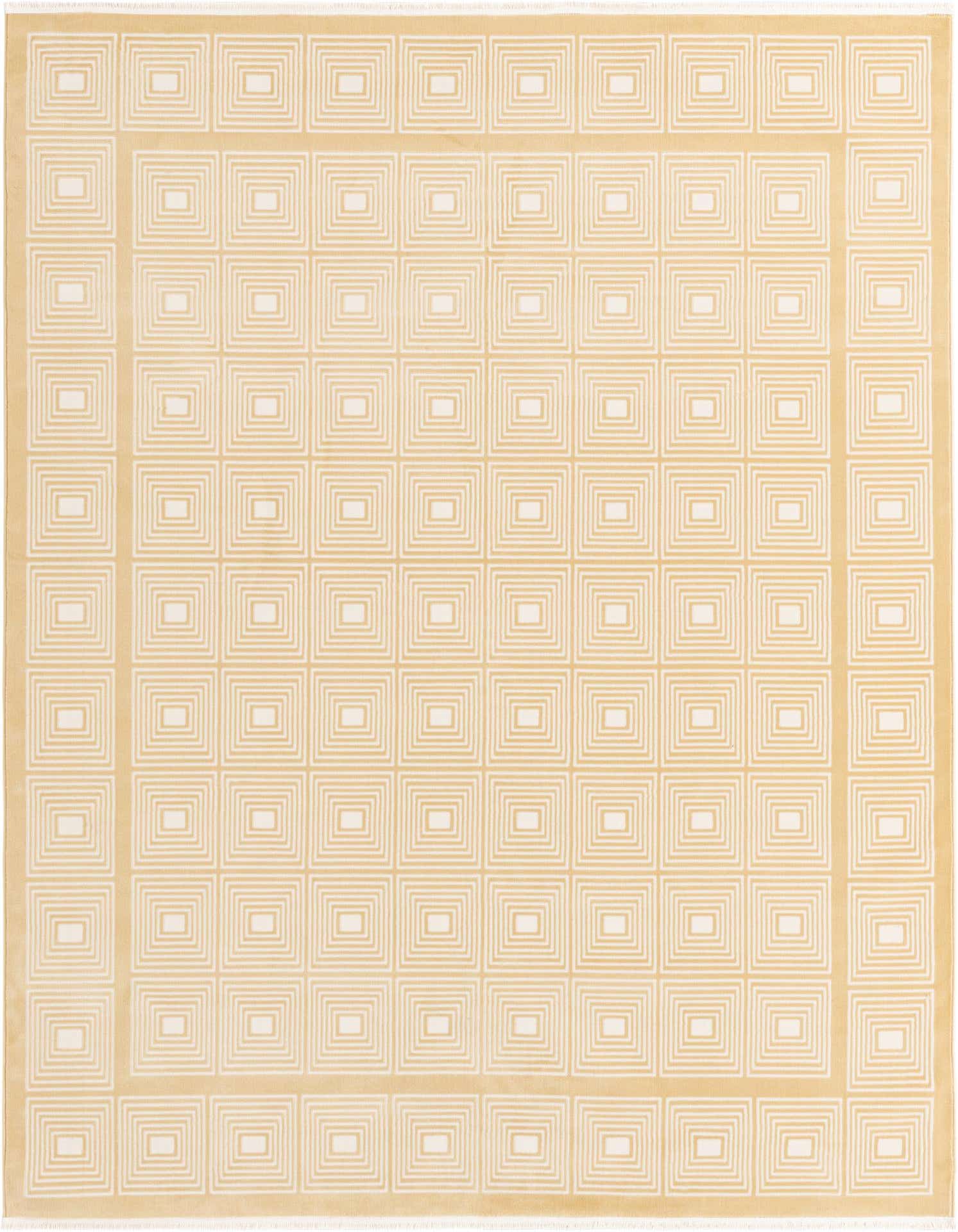 A rectangular 8x10 yellow and gold rug with a repeating geometric square pattern and a border, suitable for a living room.