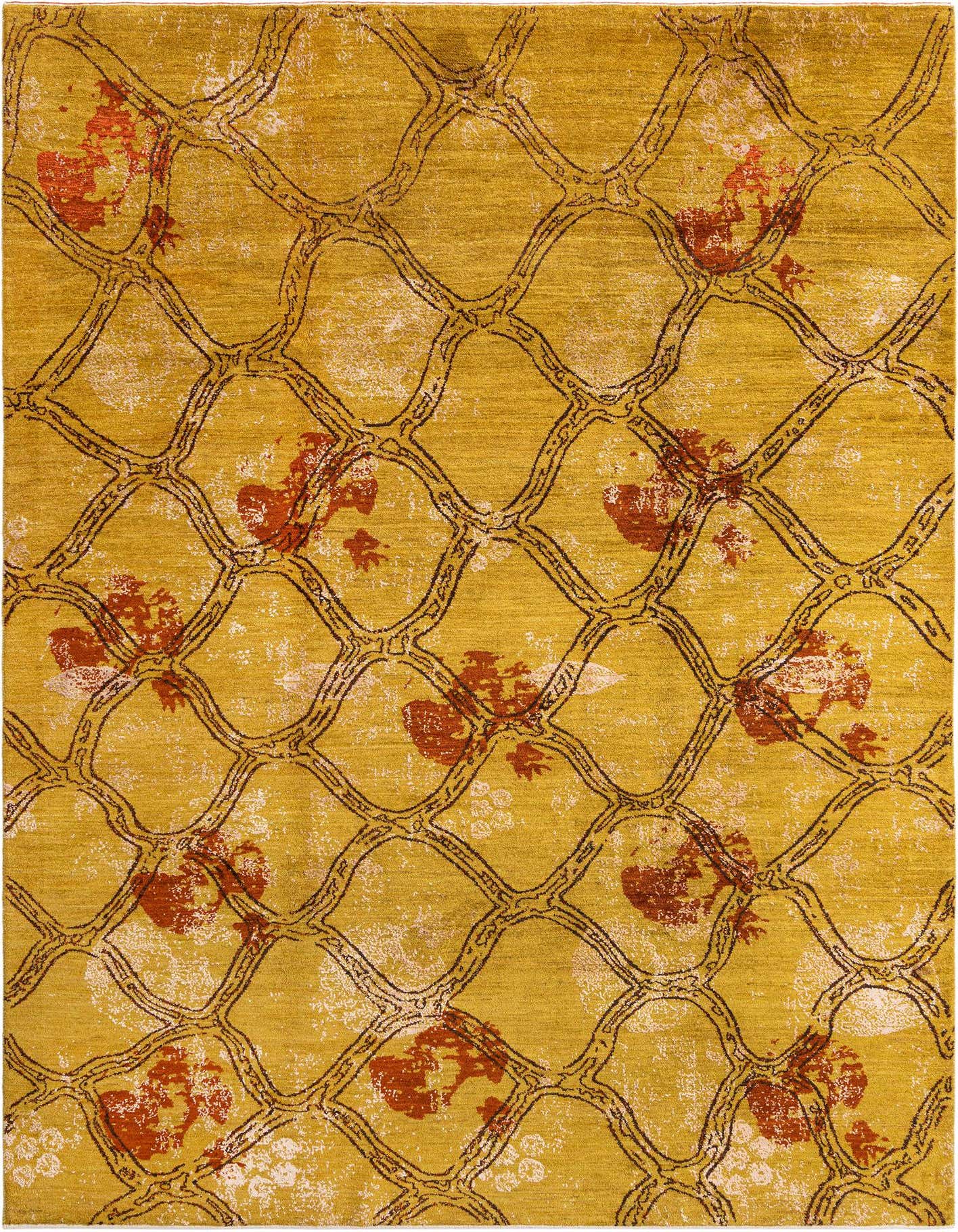 A rectangular handmade wool rug featuring a yellow and gold background with a dark brown lattice pattern and abstract rust-orange floral motifs.