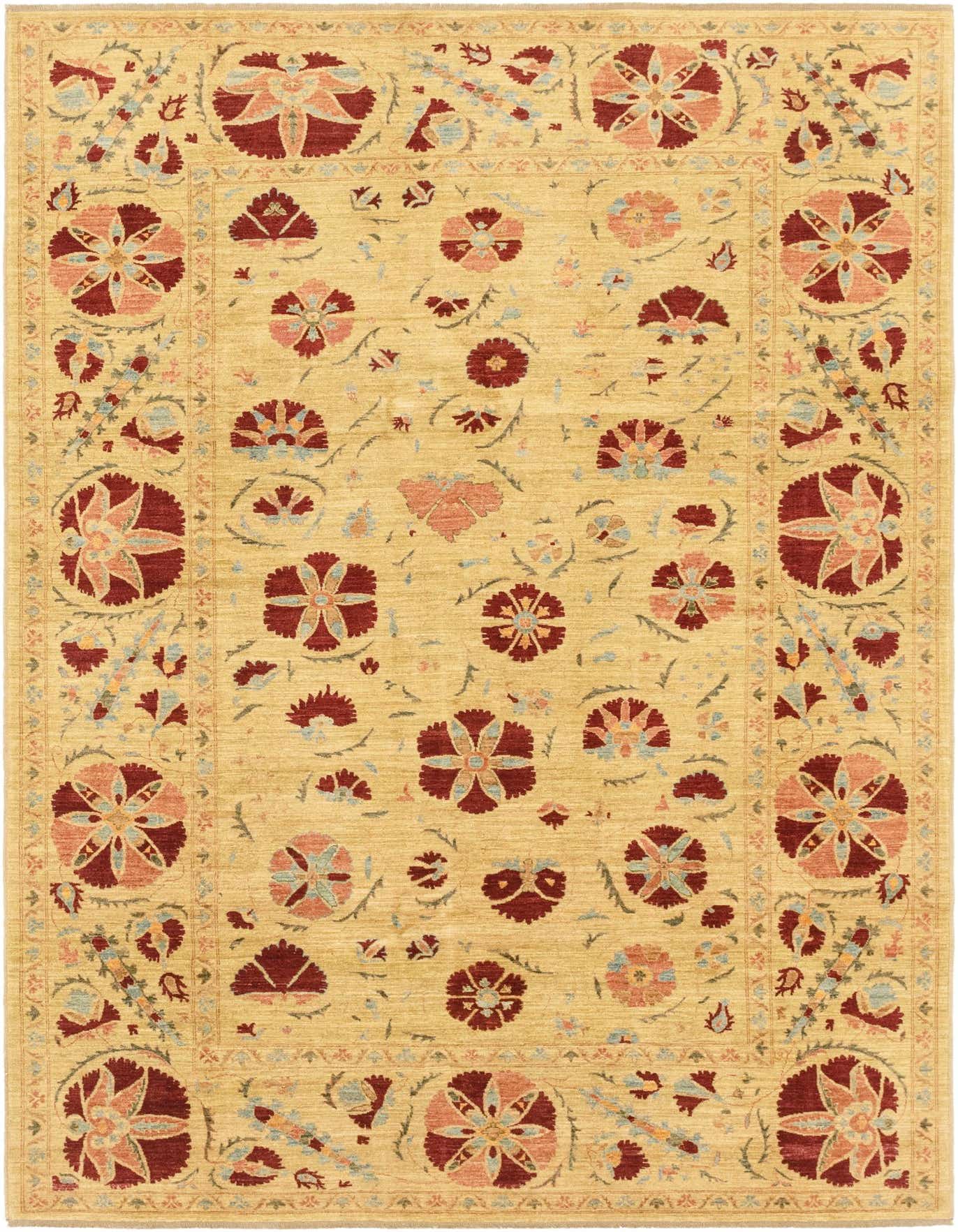 A 6x9 rectangular Ariana Ziegler rug in yellows and golds with a traditional floral and tribal pattern, handmade from wool.