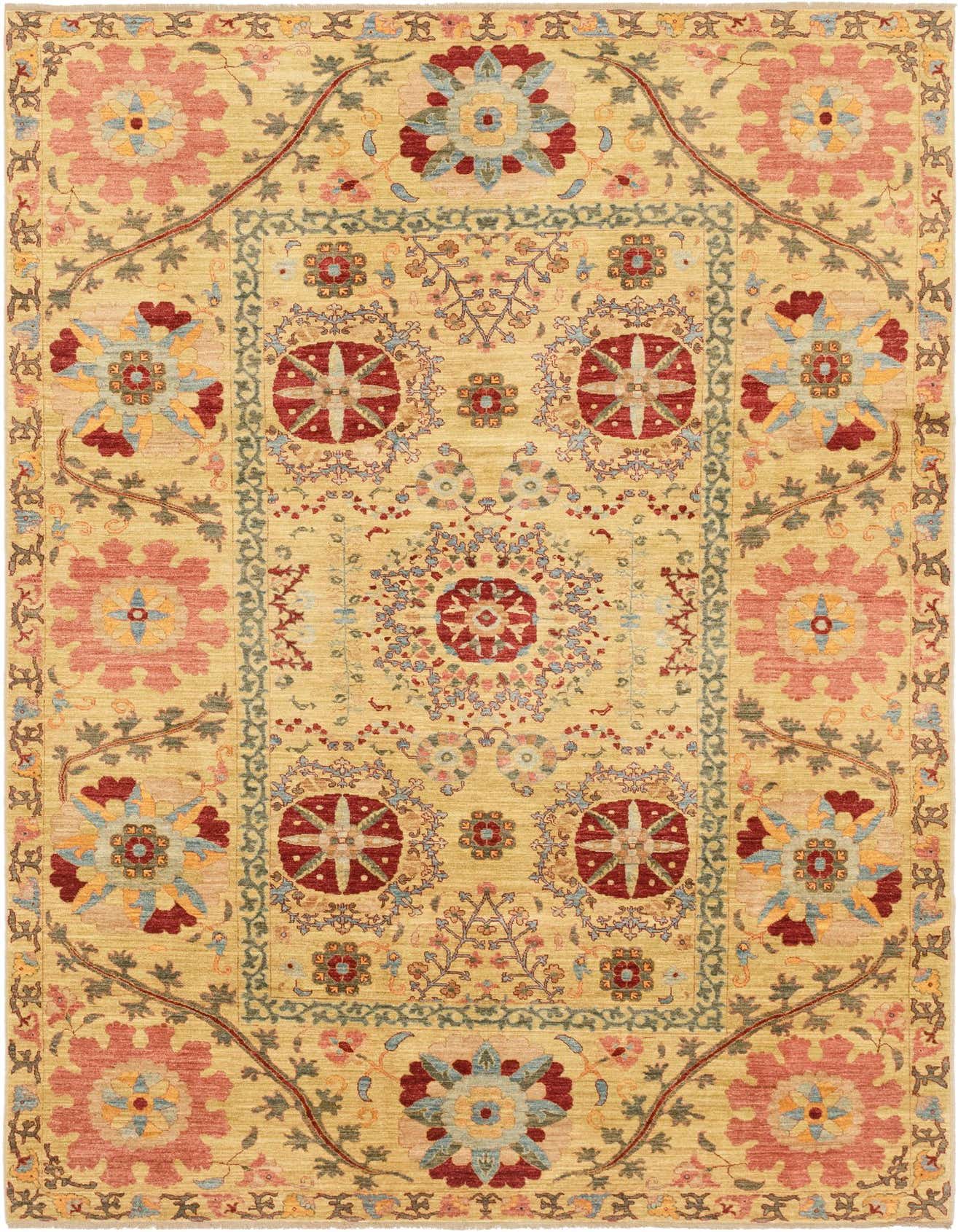 A rectangular 7x10 Ariana Ziegler rug featuring a yellow field with traditional tribal floral patterns in red, blue, and pink.