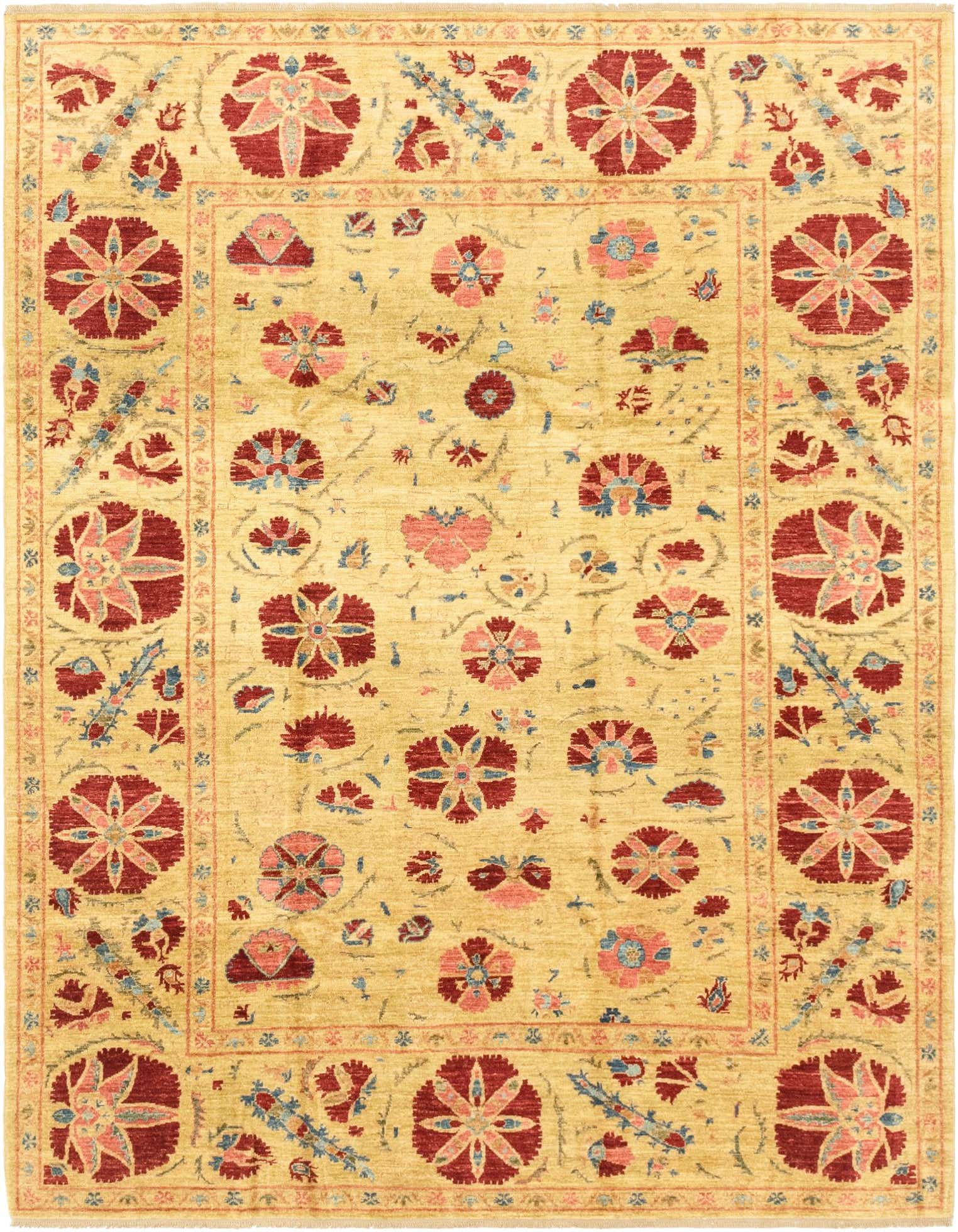 A 6x9 rectangular Ariana Ziegler rug featuring a traditional floral and tribal pattern in yellows, golds, and reds.
