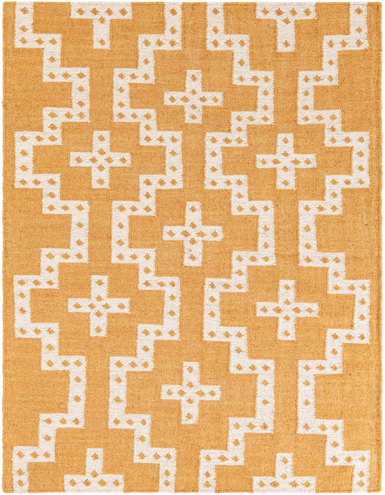 A 4x6 rectangular yellow and white modern wool shag rug with a geometric cross and zig-zag pattern.