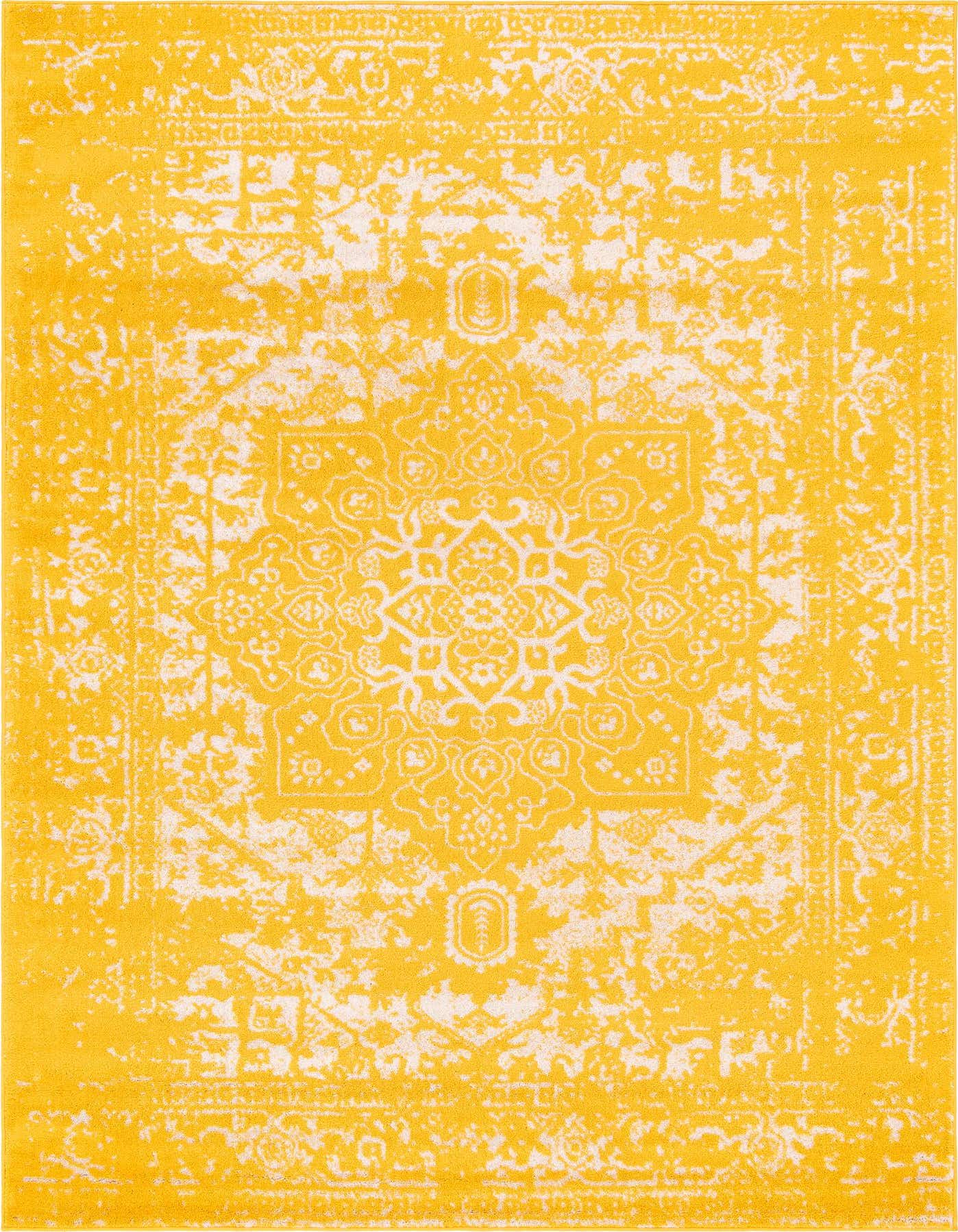 A 7x10 rectangular yellow and white area rug with a distressed traditional medallion pattern, ideal for a living room.