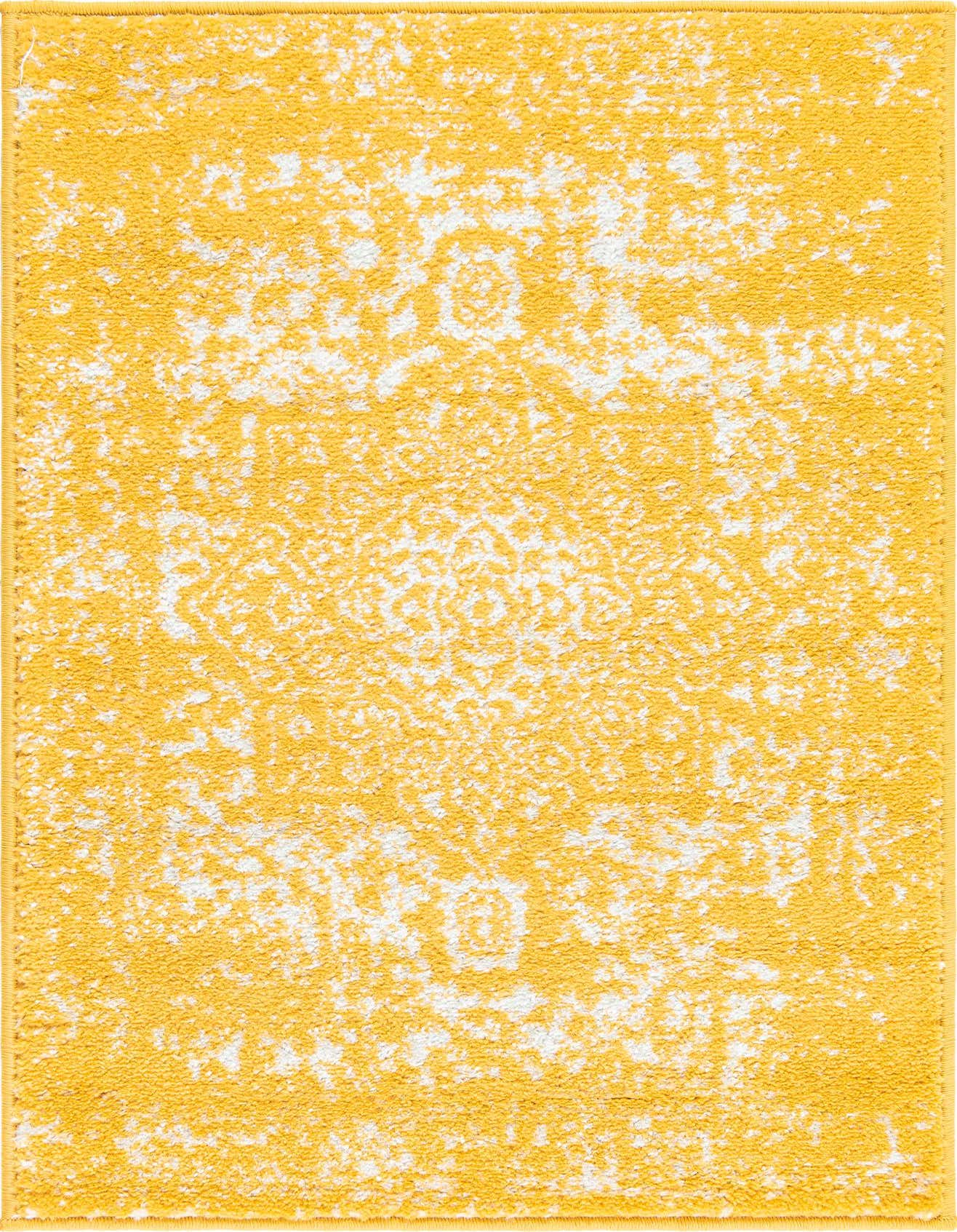 A 2x3 rectangular yellow and white area rug with a distressed traditional medallion pattern, ideal for a kitchen or entryway.