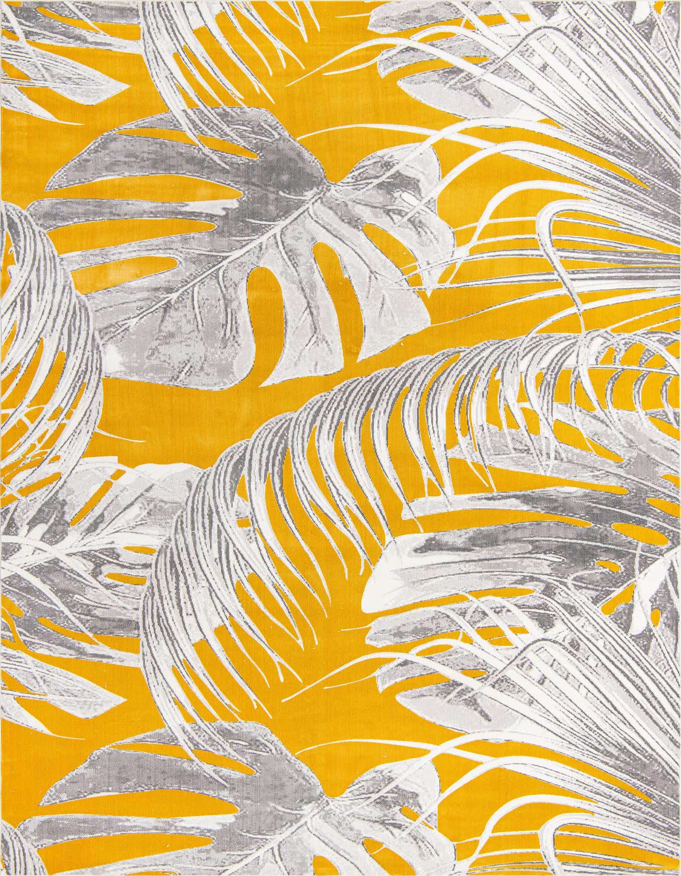 A 10x14 rectangular yellow rug with a modern botanical pattern of large gray and white monstera and palm leaves.