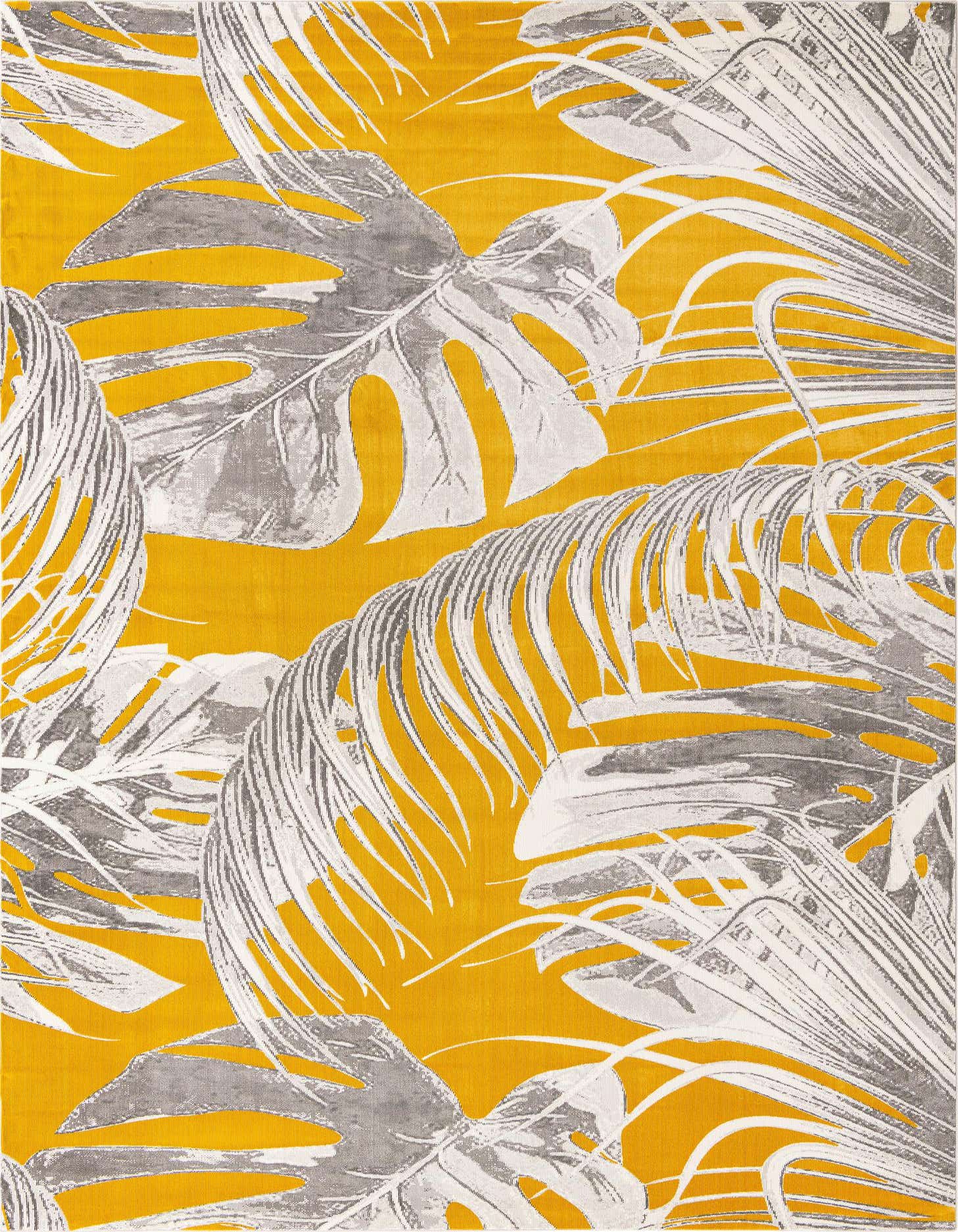 A 9x12 rectangular yellow area rug with large gray and white tropical monstera and palm leaf patterns, suitable for a modern living room.