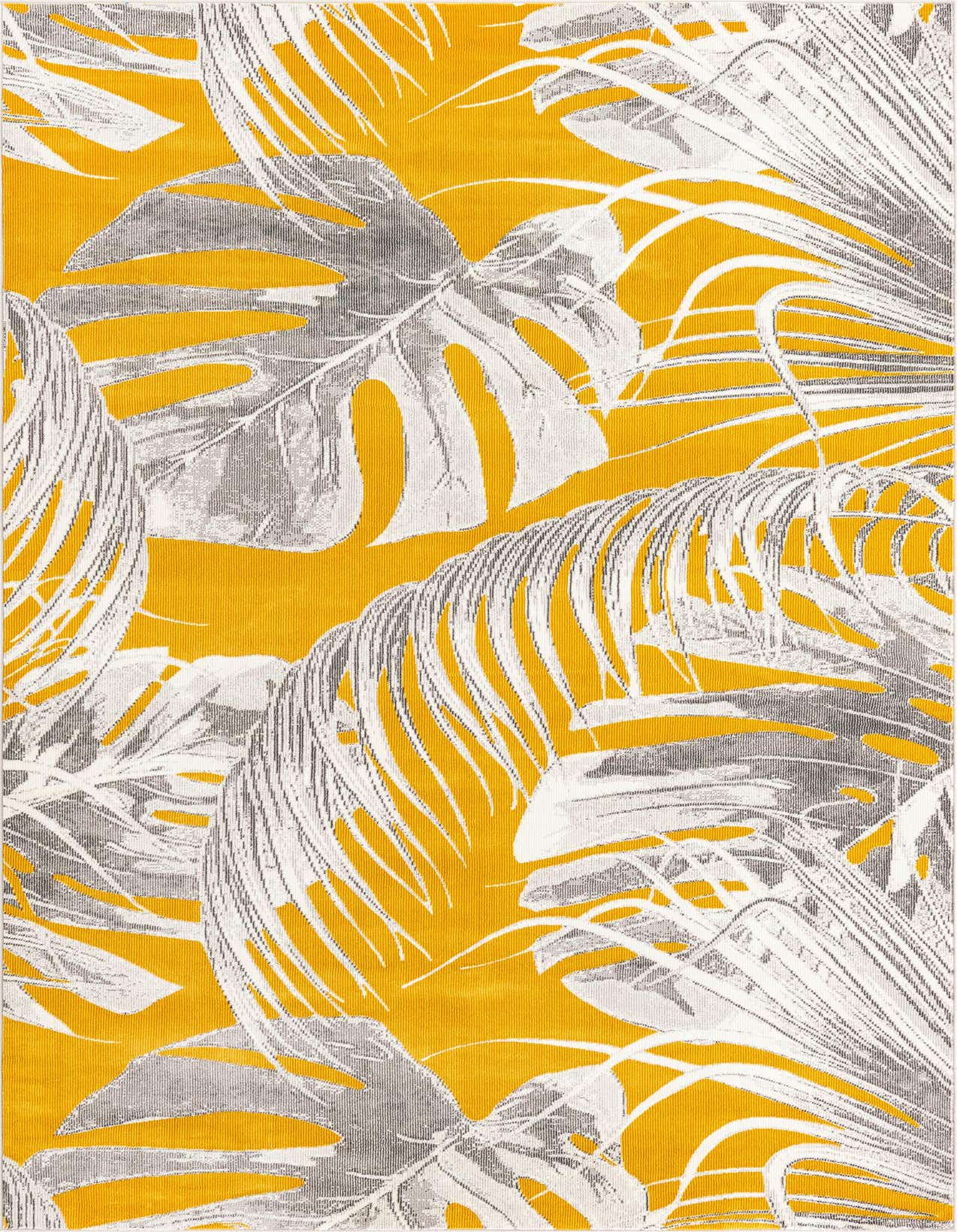 A 5x8 rectangular yellow rug with a modern botanical pattern featuring large grey and white palm and monstera leaves.