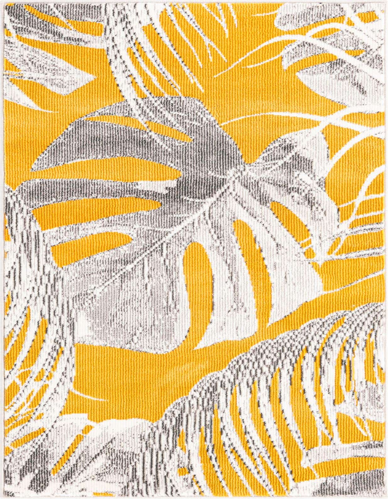 A 2x3 rectangular yellow rug with a modern coastal floral pattern featuring large white and gray tropical leaves.