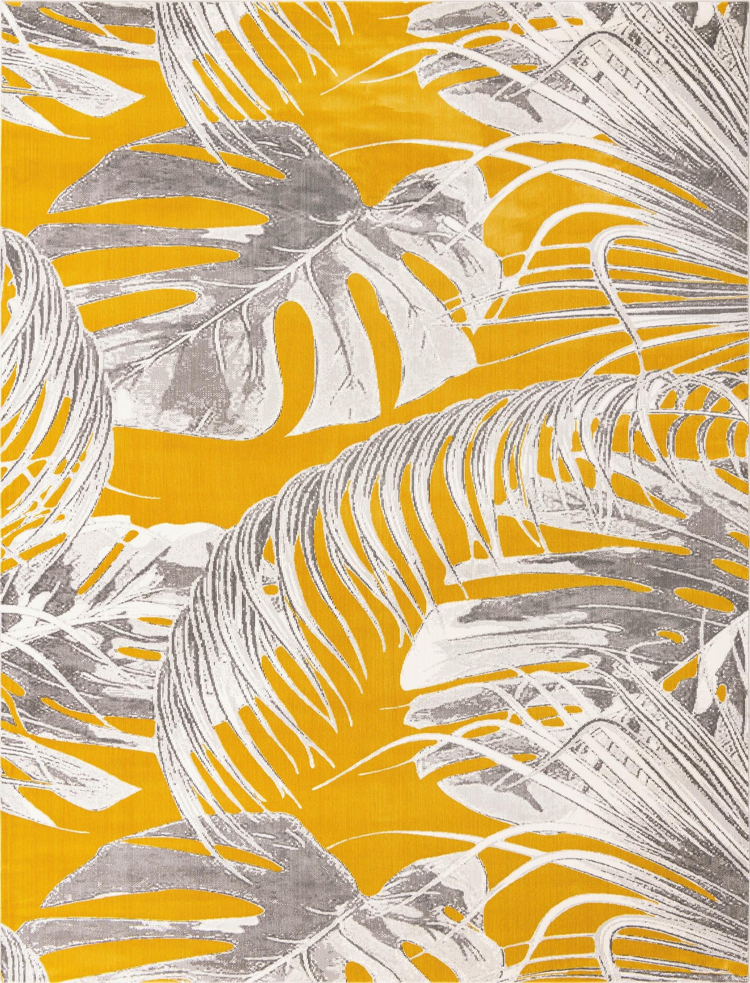 A vibrant 8x10 rectangular yellow rug with large gray and white tropical monstera and palm leaf patterns, suitable for a modern living room.