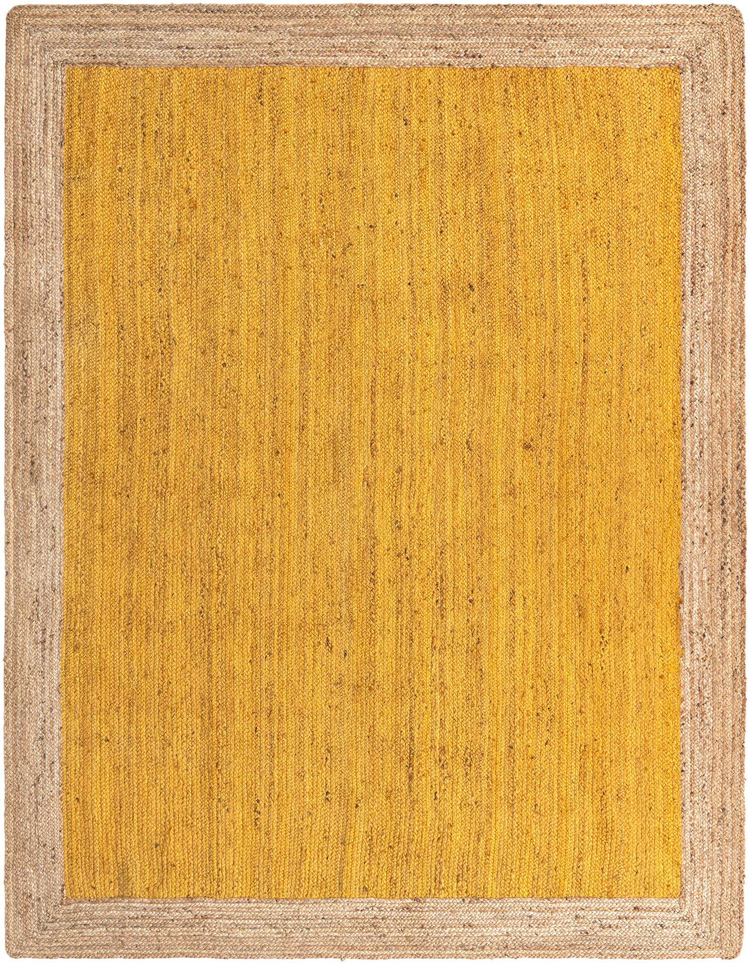 A 9x12 rectangular yellow and natural jute rug with a solid golden center and a braided natural border.