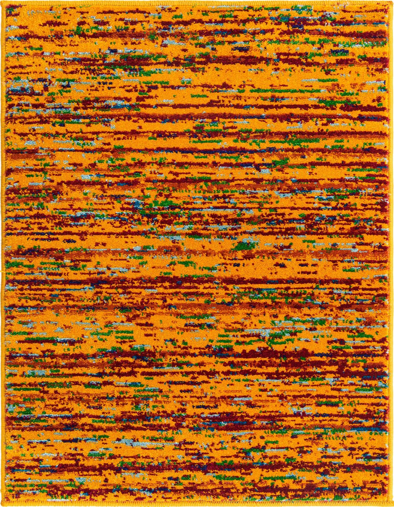 A 2x3 rectangular yellow area rug with an eclectic, modern abstract pattern featuring horizontal streaks of gold, red, blue, and green.