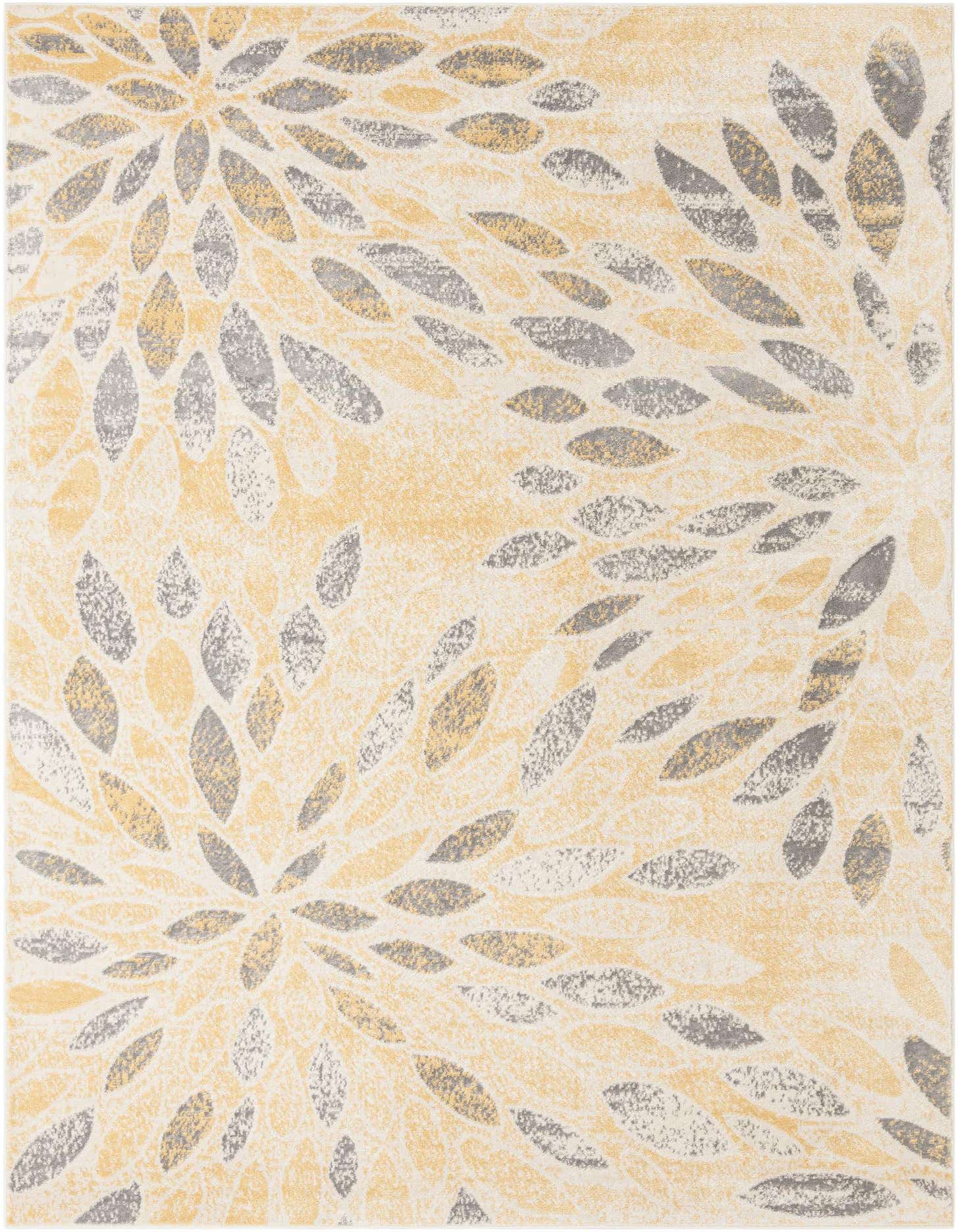 A 9x12 rectangular Charleston rug featuring a modern floral pattern with yellow and gold tones and gray leaf-like shapes.
