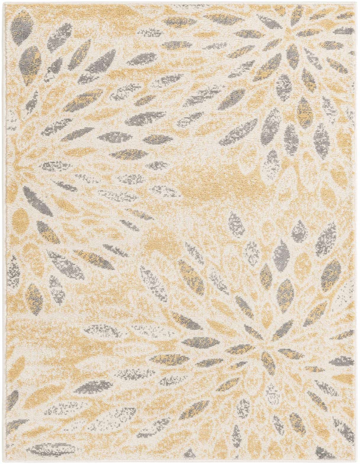 A 3x5 rectangular rug featuring a modern floral pattern with yellow and gray leaf-like shapes on a cream background.