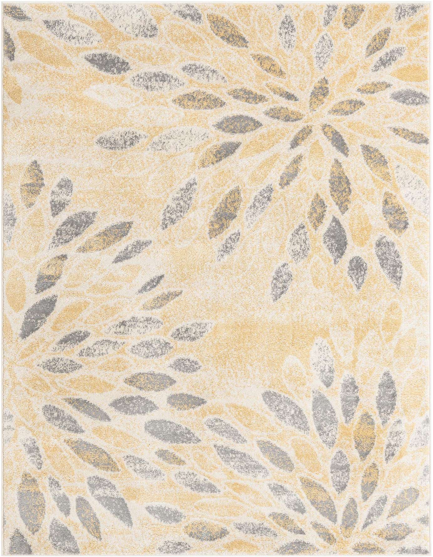 A 5x7 rectangular Charleston area rug featuring a modern floral pattern in shades of yellow, gold, and gray.