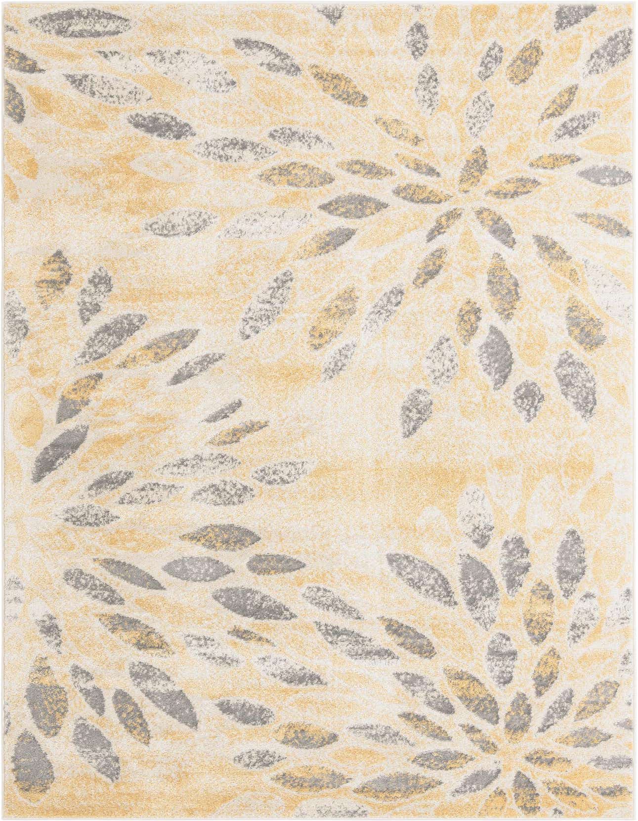 A 6x9 rectangular area rug featuring a modern abstract floral pattern in shades of yellow, gold, and gray.