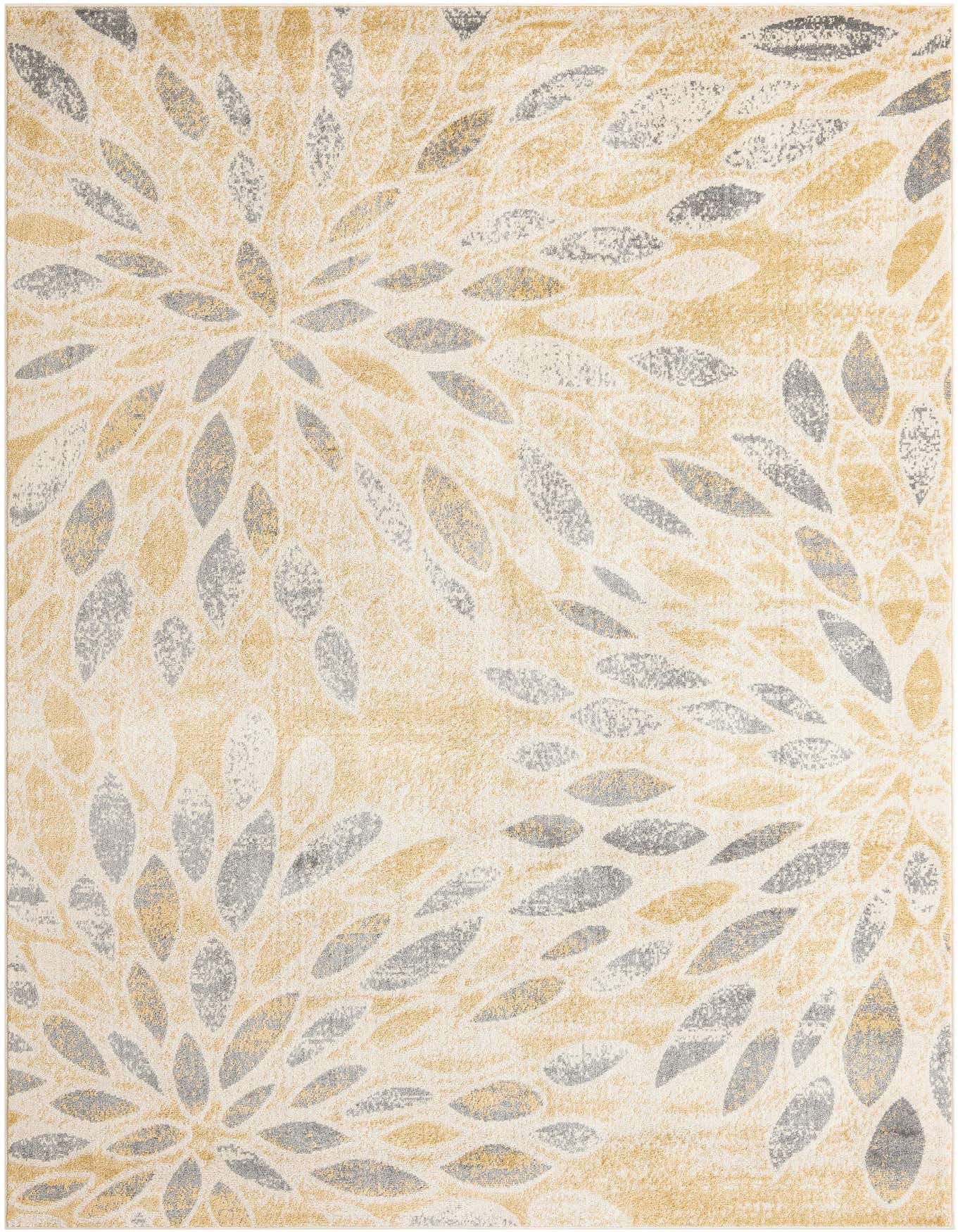 A 7x10 rectangular indoor rug featuring a modern floral pattern in shades of yellow, gold, and light gray.