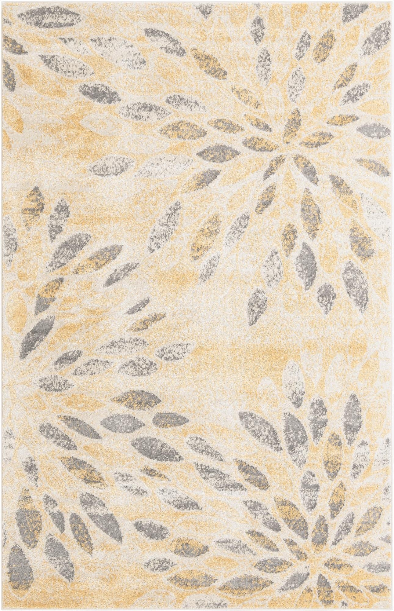 A 6x9 rectangular area rug featuring a modern abstract floral pattern in shades of yellow, gold, and gray.
