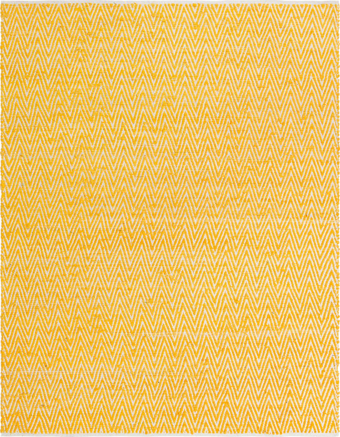 A 7x10 rectangular yellow and white chevron pattern rug, made from textured cotton, suitable for a living room.