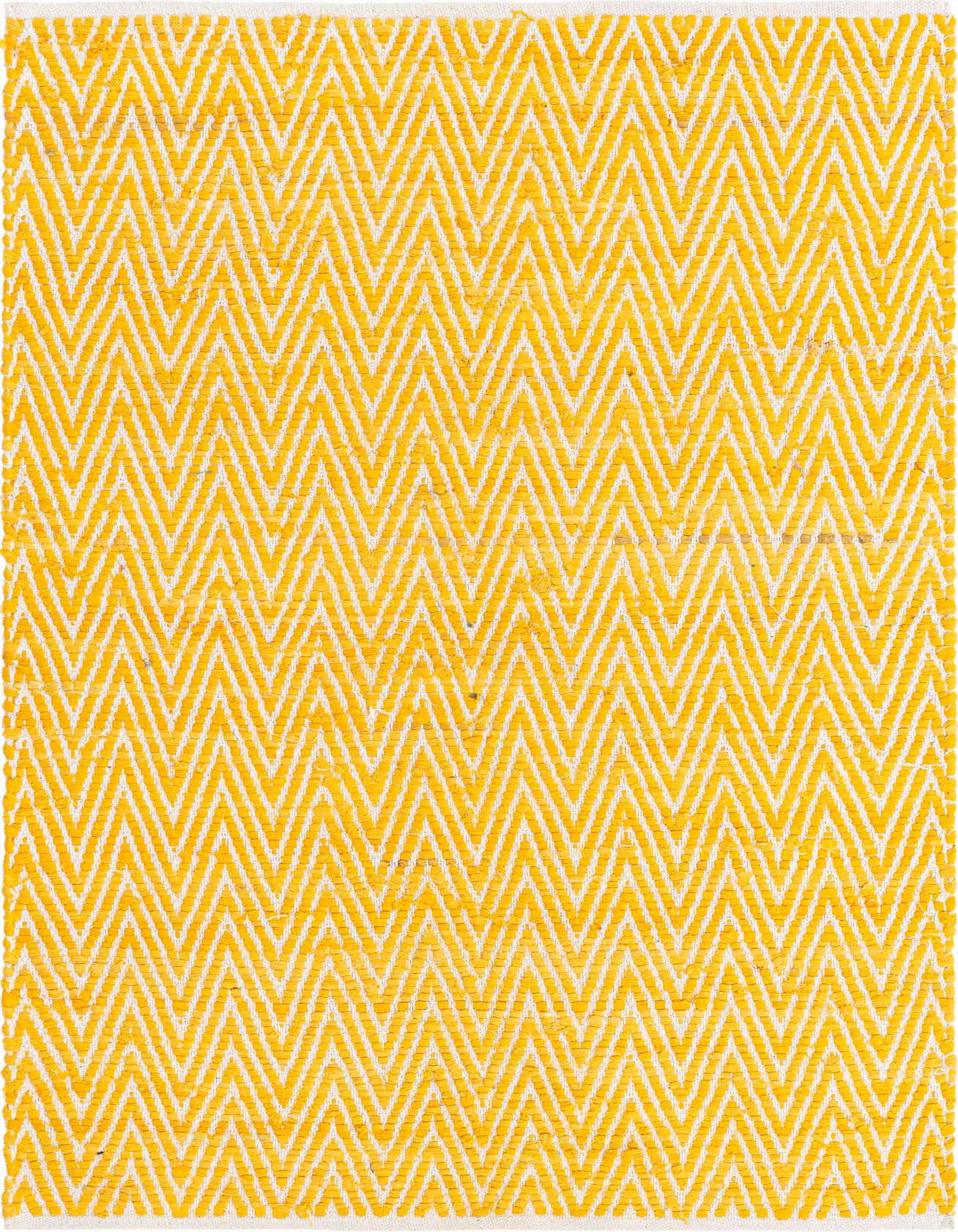 A 4x6 rectangular yellow and white chevron pattern rug, made from textured cotton, suitable for a living room or office.