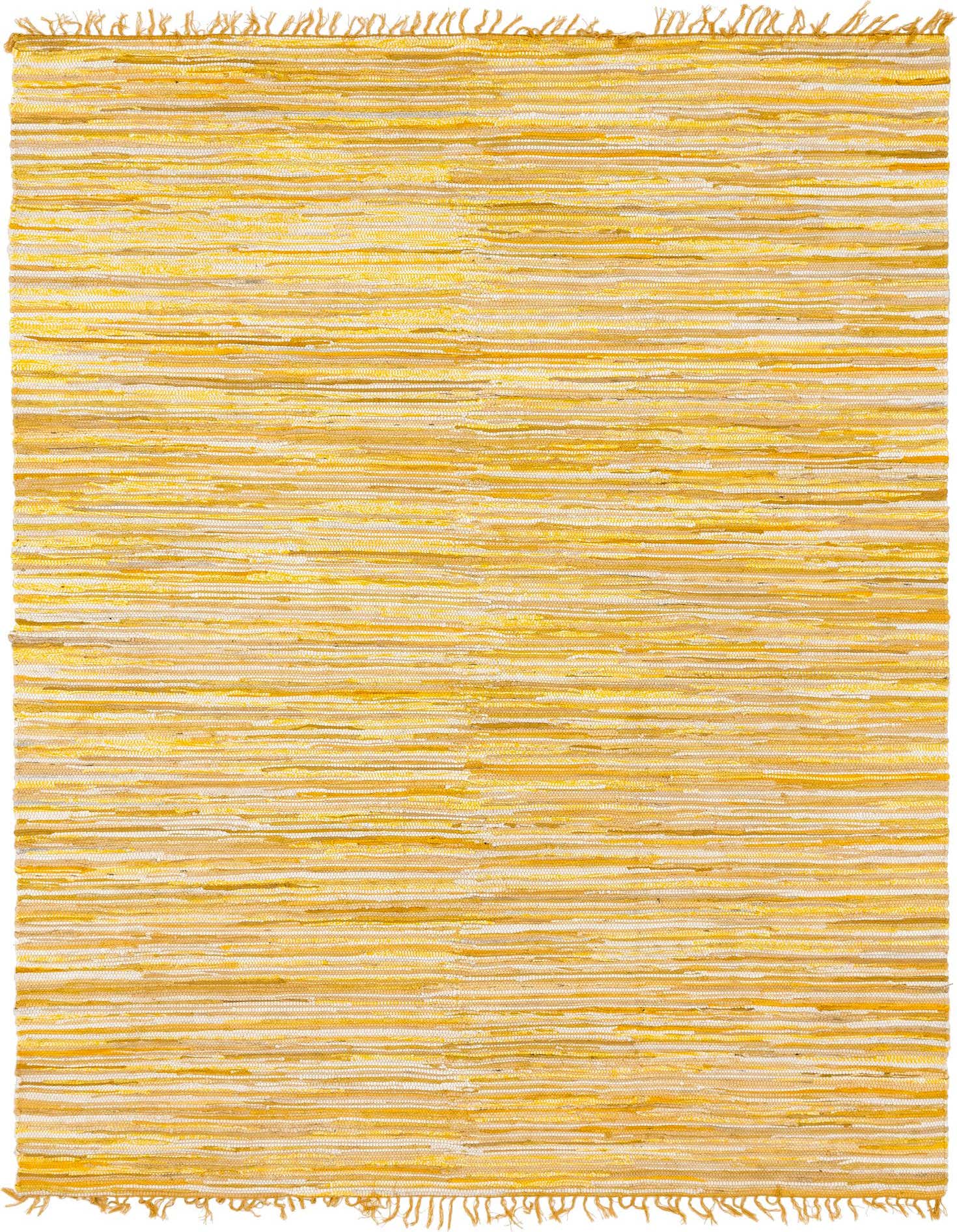 A rectangular 8x10 Chindi Cotton rug in varying shades of yellow and gold, featuring a flatweave striped pattern and fringed edges, ideal for a living room.