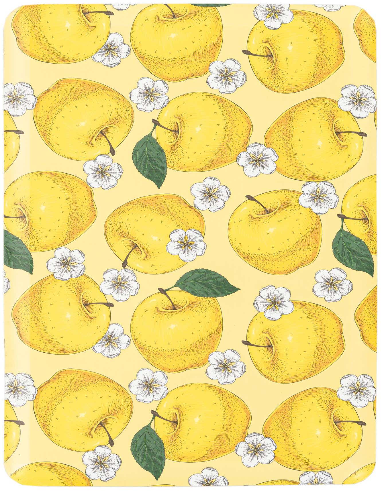 A rectangular 2x3 yellow rug featuring a modern pattern of golden apples and white blossoms on a light yellow background.