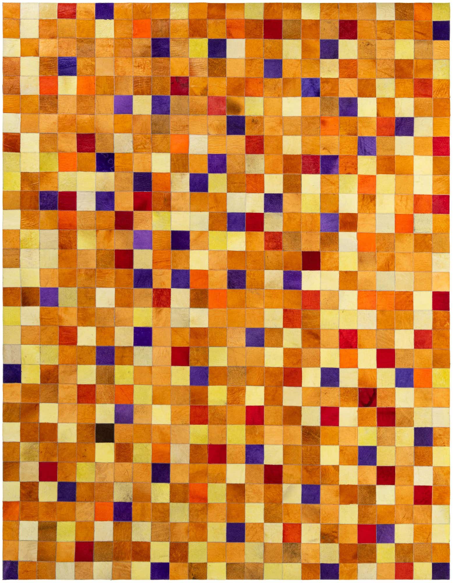 A rectangular 8x10 modern patchwork cowhide rug featuring a vibrant mosaic of yellow, gold, orange, red, and purple squares.