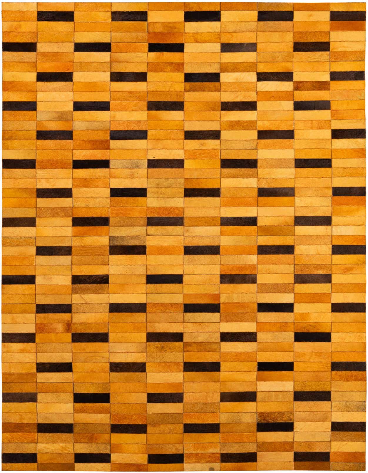 A 5x8 rectangular Cowhide Patchwork rug featuring a modern pattern of alternating yellow/gold and dark brown rectangular patches.