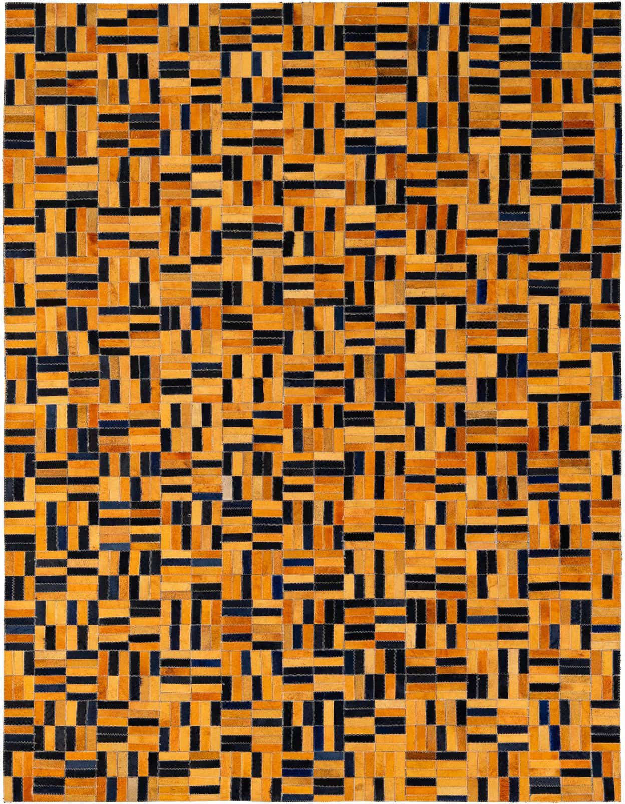 A 5x8 rectangular Cowhide Patchwork rug featuring a modern stripe pattern in varying shades of yellow, gold, and dark blue leather.